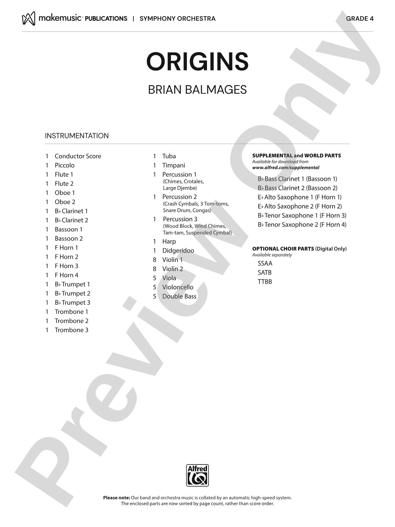 Origins: Full Orchestra Conductor Score & Parts