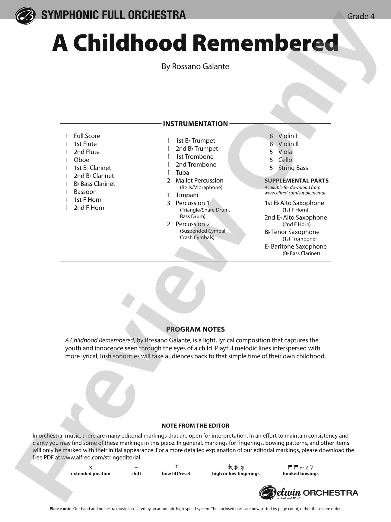 A Childhood Remembered: Full Orchestra Conductor Score & Parts