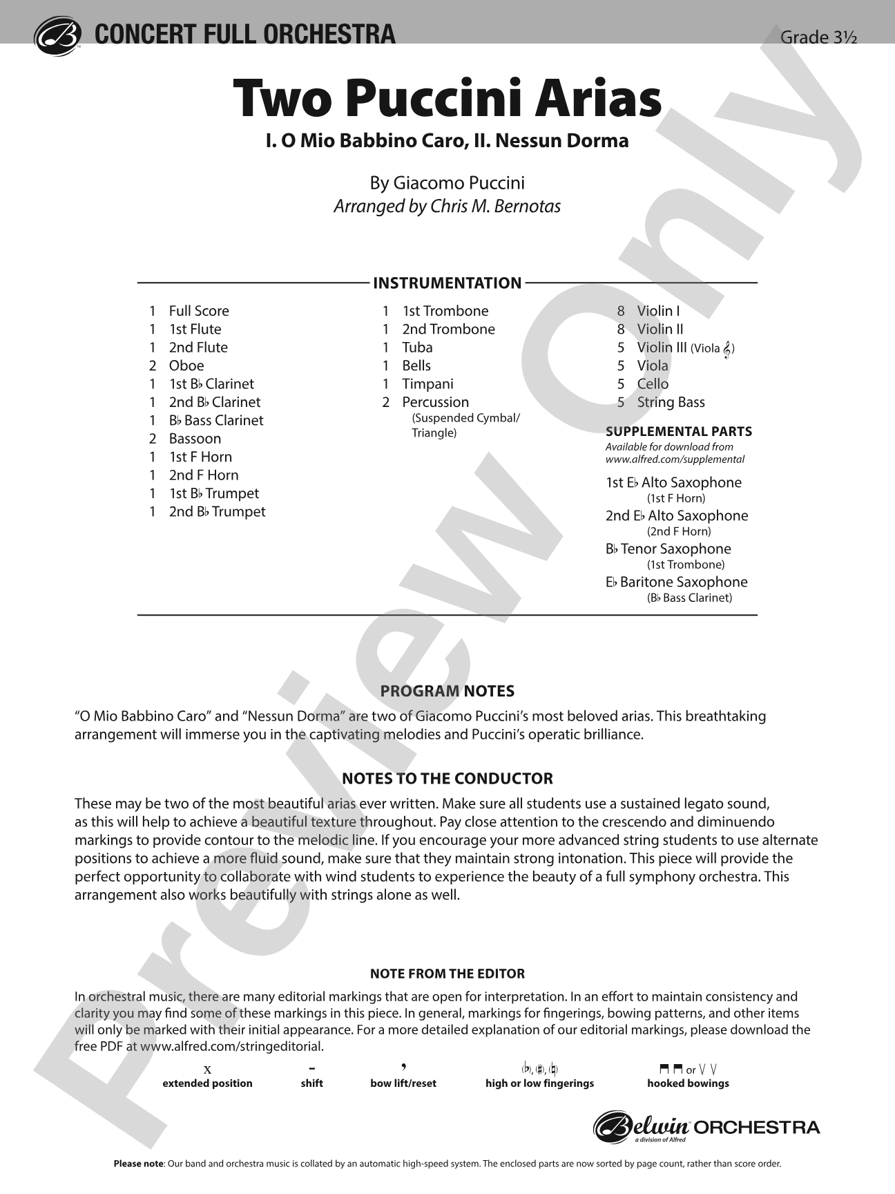 Two Puccini Arias: Full Orchestra Conductor Score & Parts