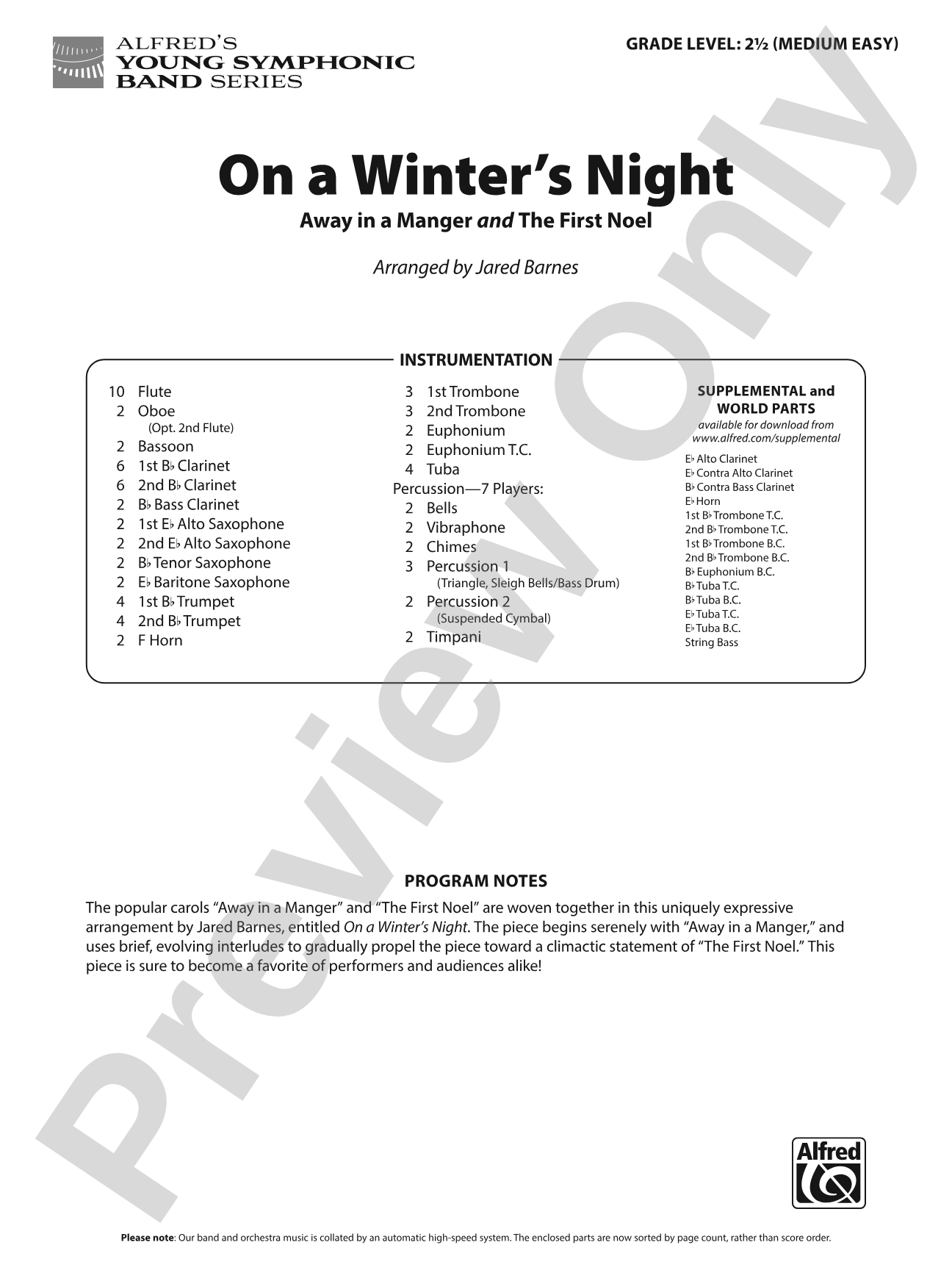 On a Winter's Night: Concert Band Score & Parts