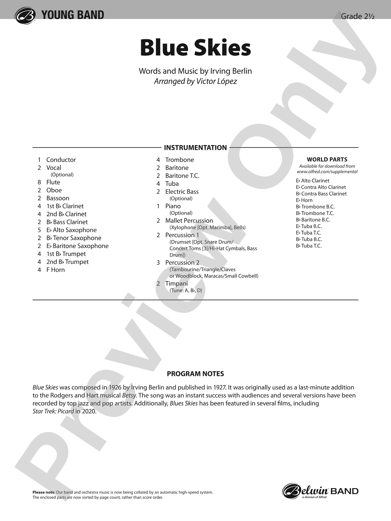 Blue Skies: Concert Band Conductor Score & Parts