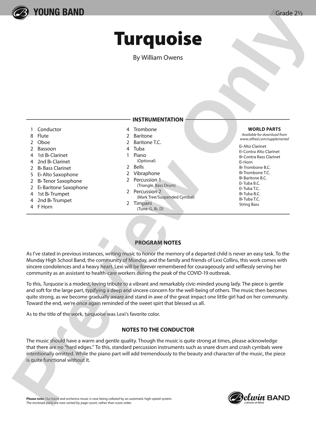 Turquoise: Concert Band Conductor Score & Parts