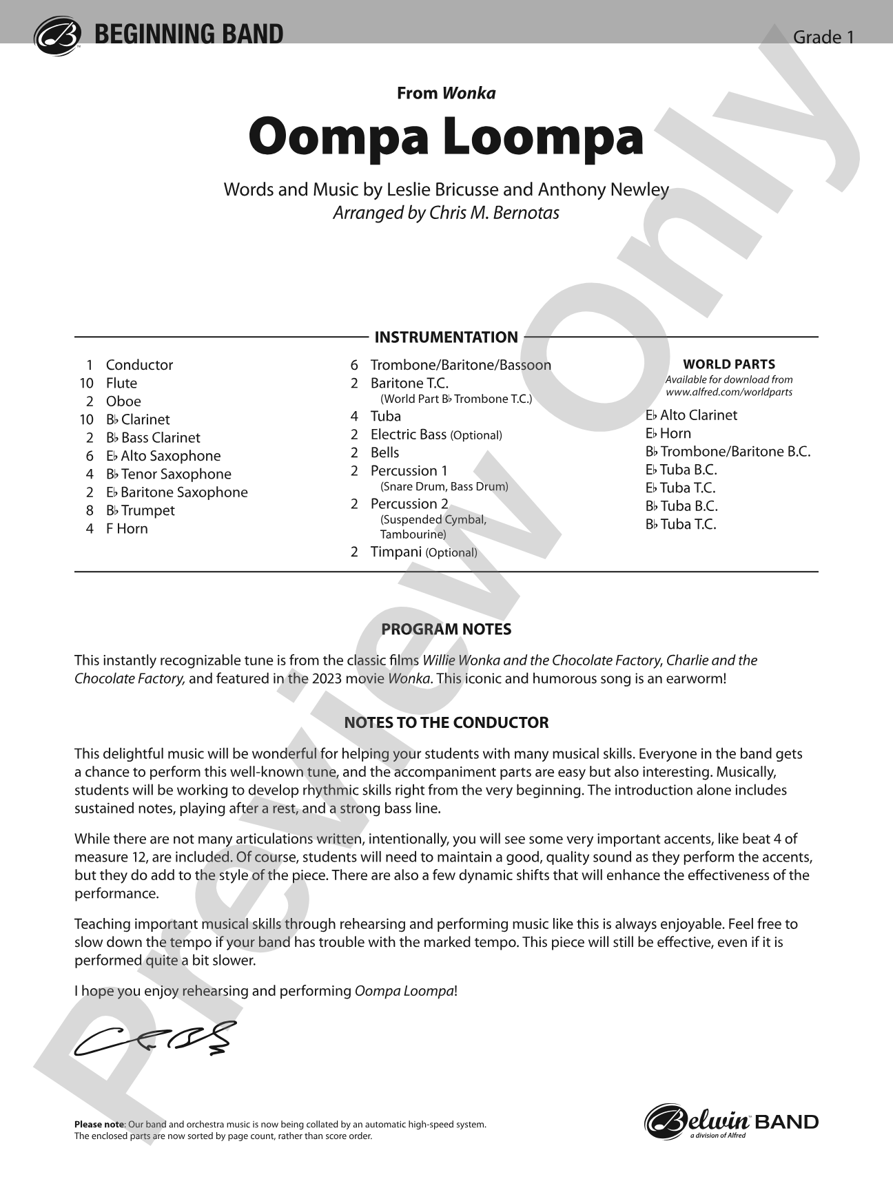 Oompa Loompa: Concert Band Conductor Score & Parts