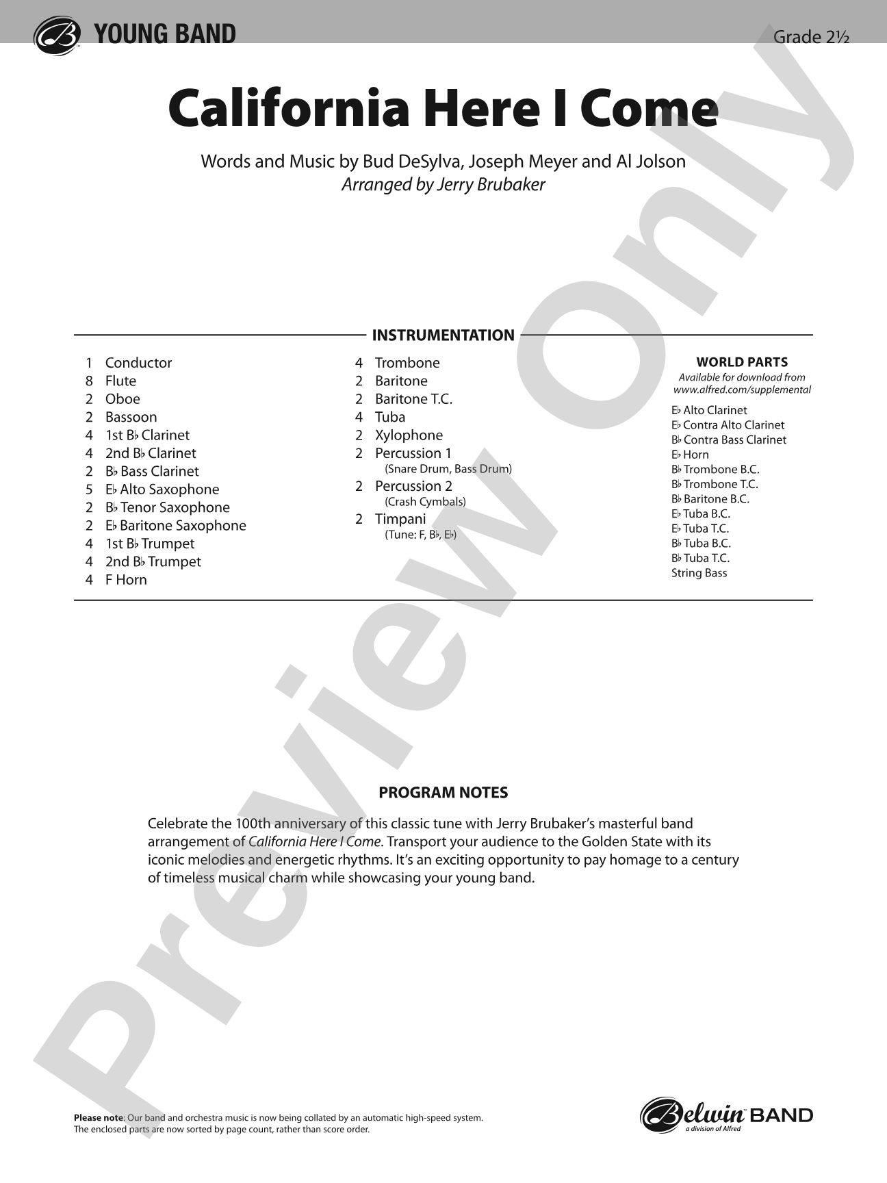 California Here I Come: Concert Band Conductor Score & Parts