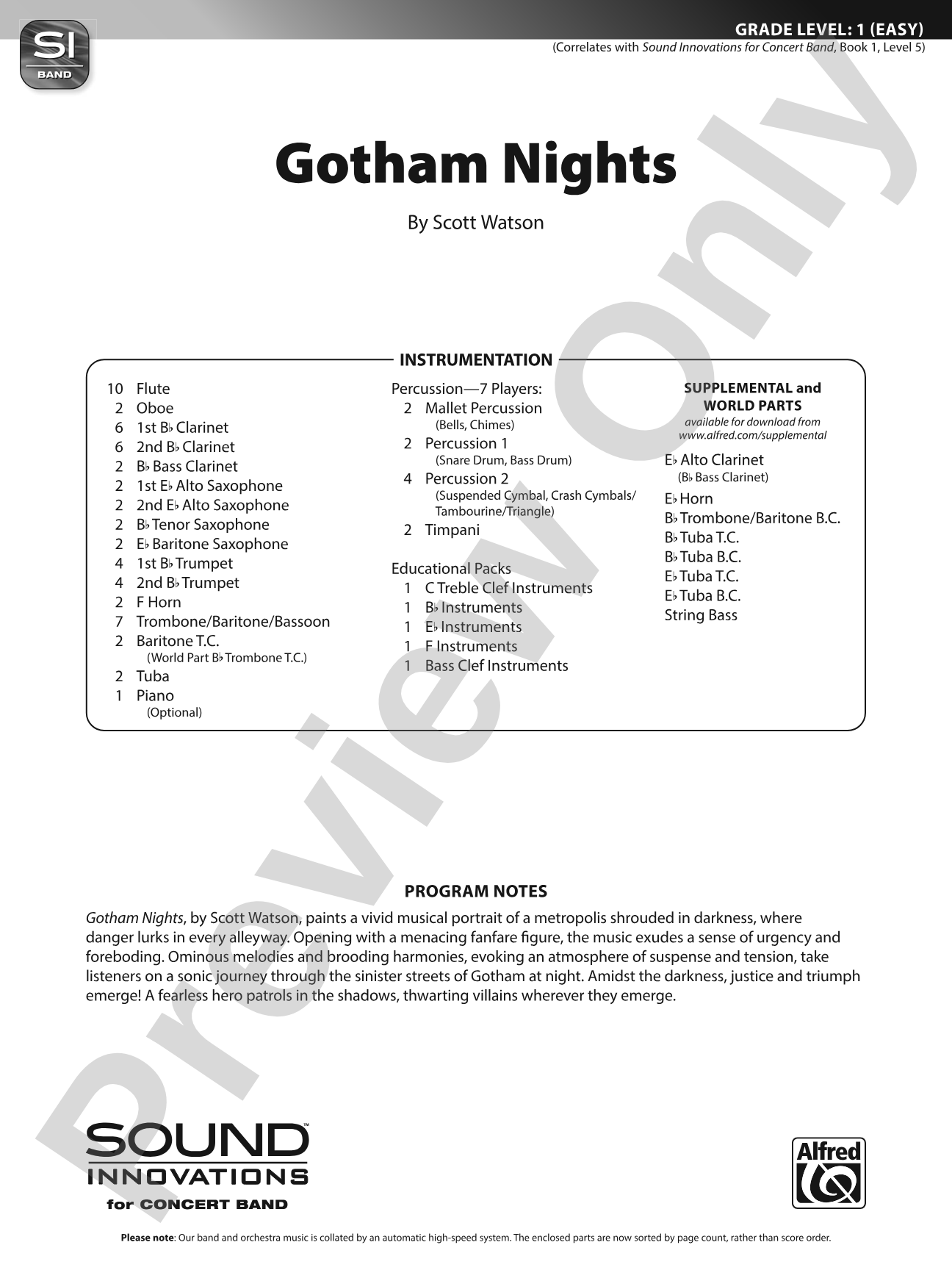 Gotham Nights: Concert Band Conductor Score & Parts