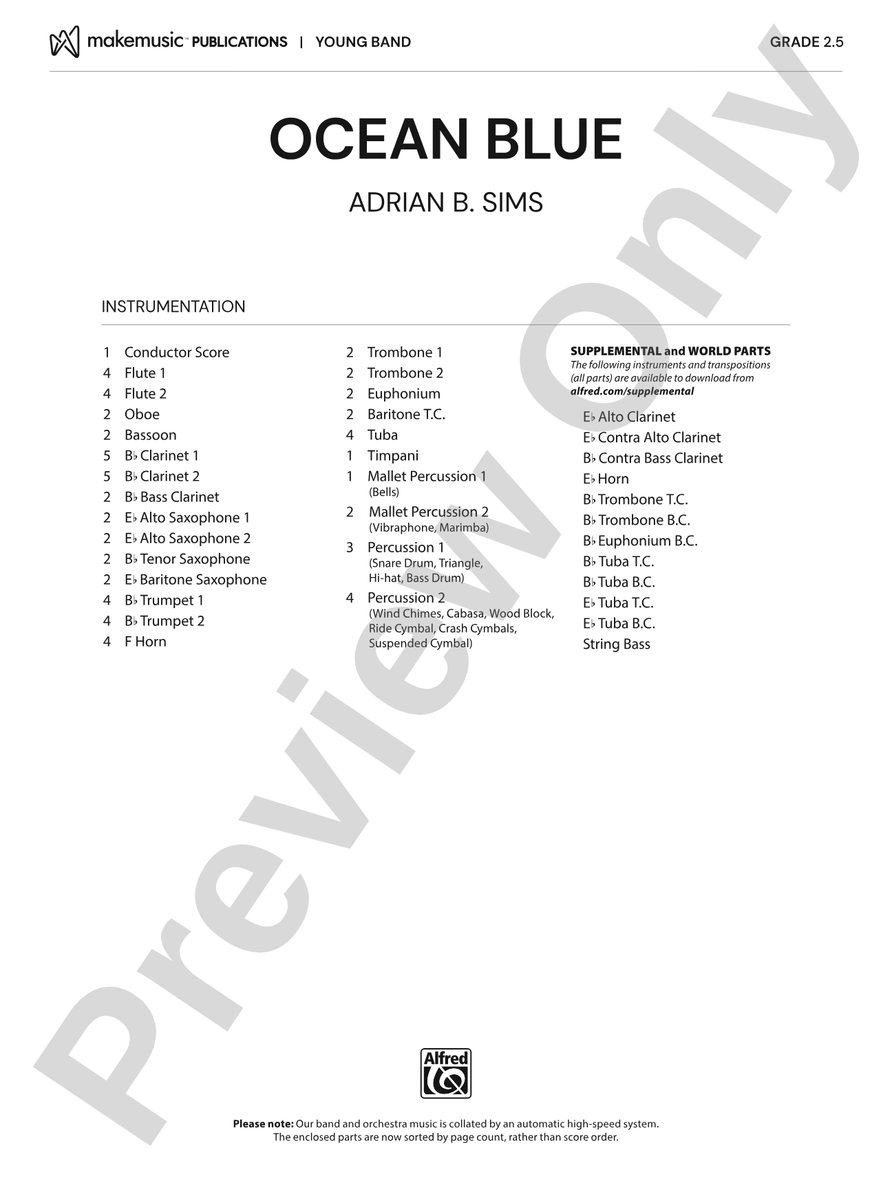 Ocean Blue: Concert Band Conductor Score & Parts