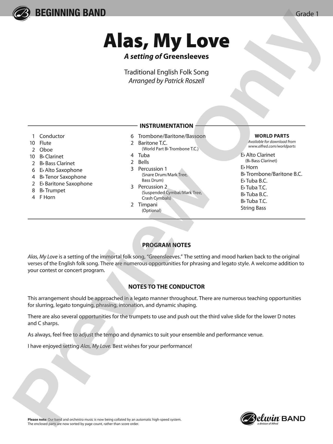 Alas, My Love: Concert Band Conductor Score & Parts