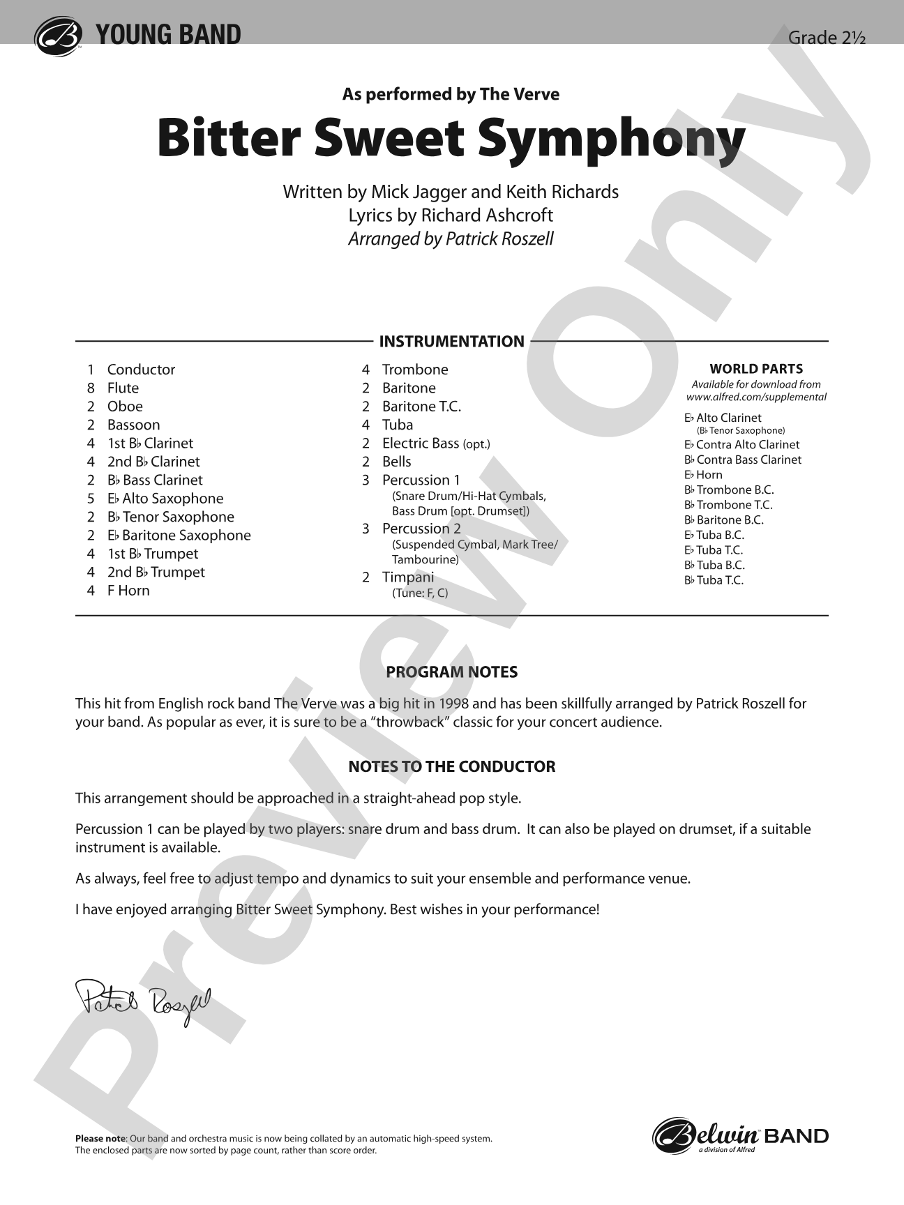 Bitter Sweet Symphony: Concert Band Conductor Score & Parts