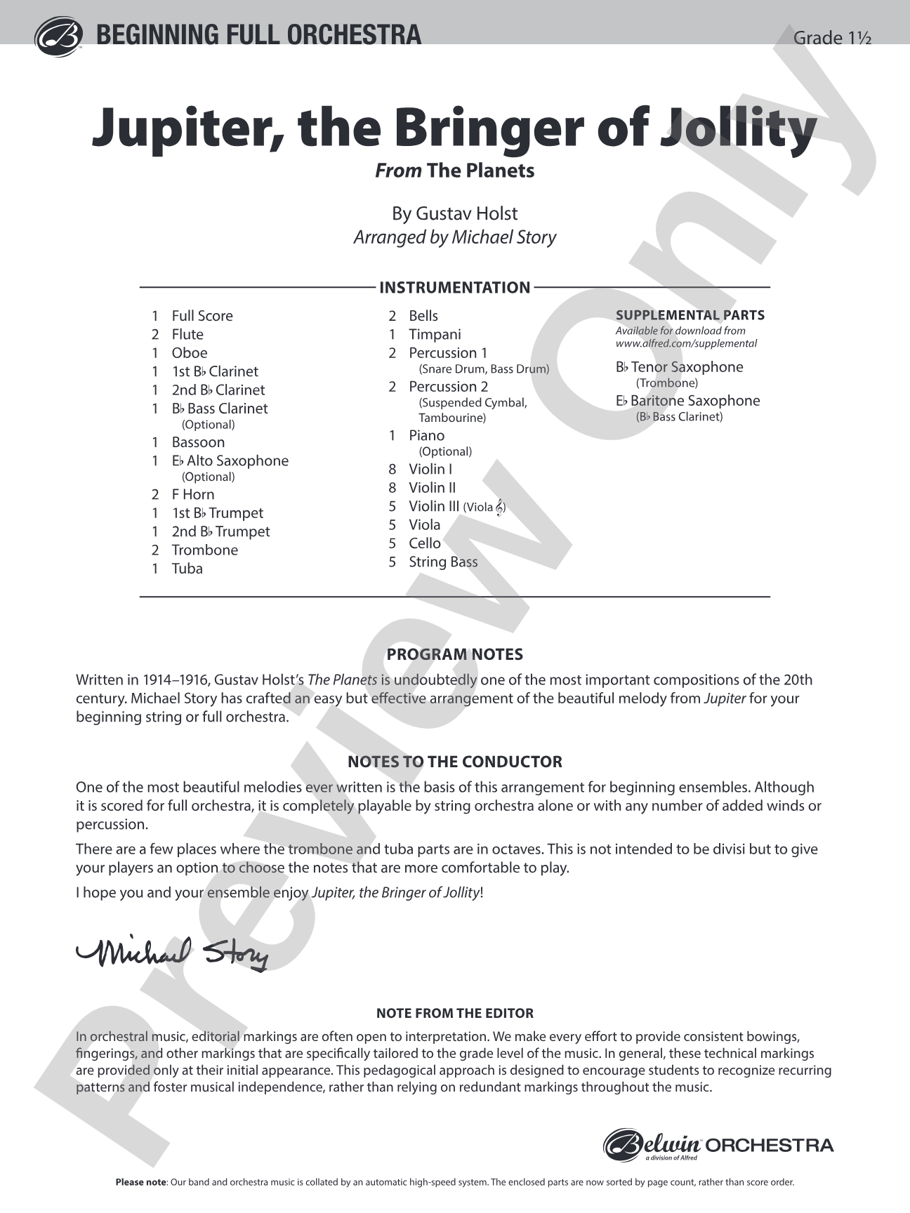 Jupiter, the Bringer of Jollity: Full Orchestra Conductor Score & Parts