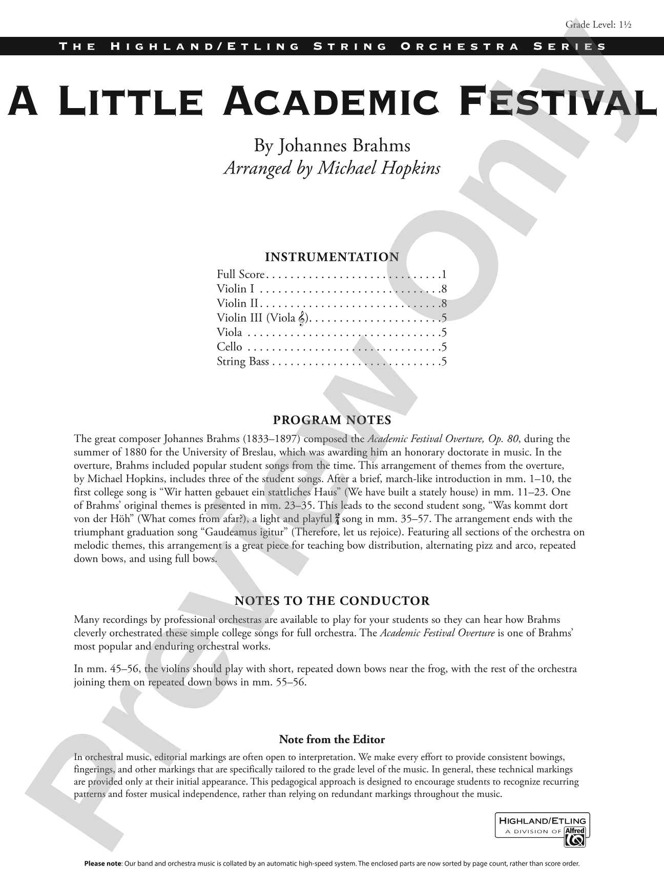 LITTLE ACADEMIC FESTIVAL/HSO: String Orchestra Conductor Score & Parts