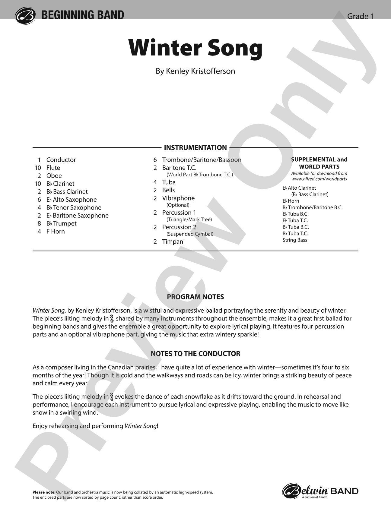 Winter Song: Concert Band Conductor Score & Parts