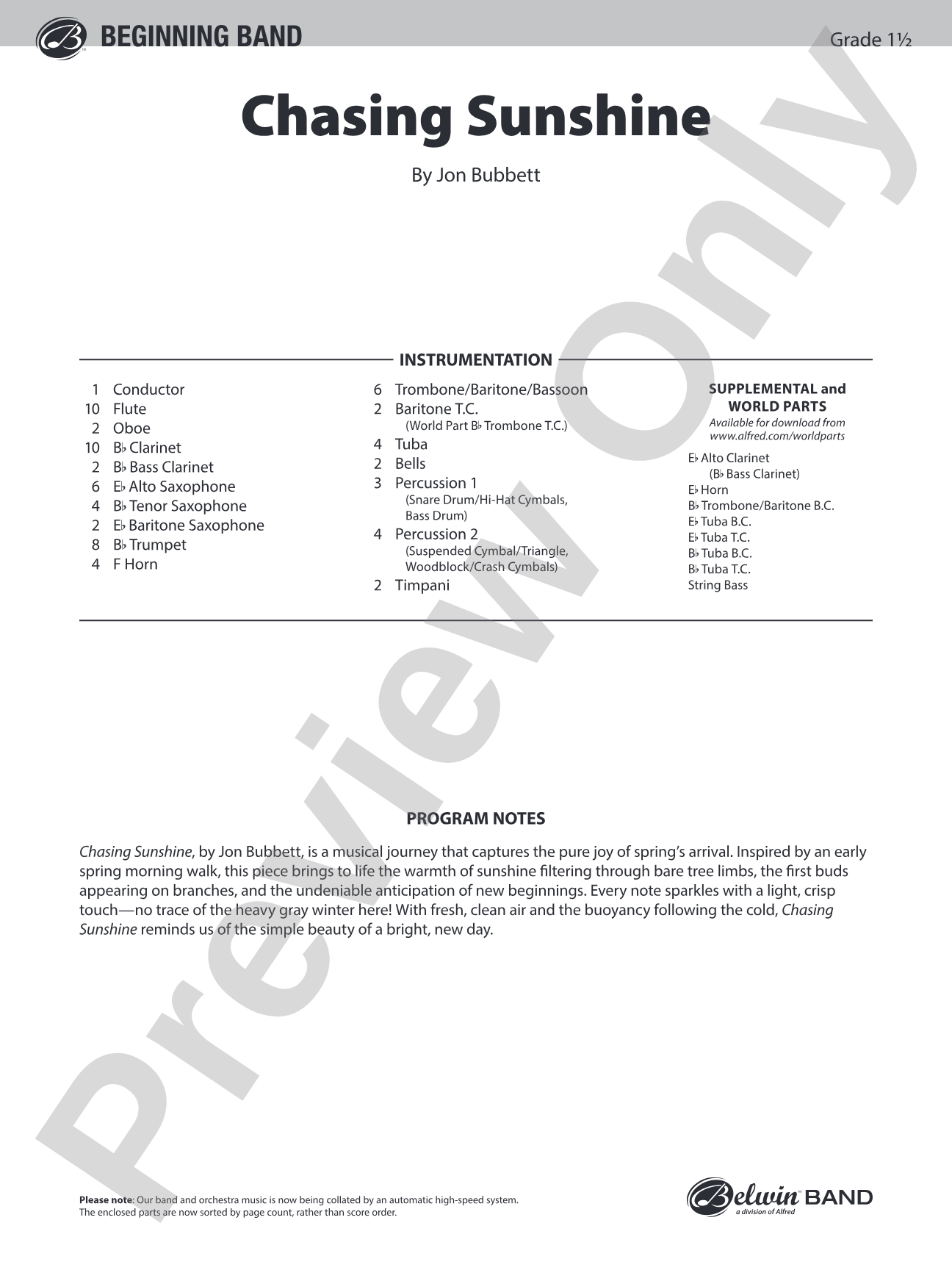 Chasing Sunshine: Concert Band Conductor Score & Parts