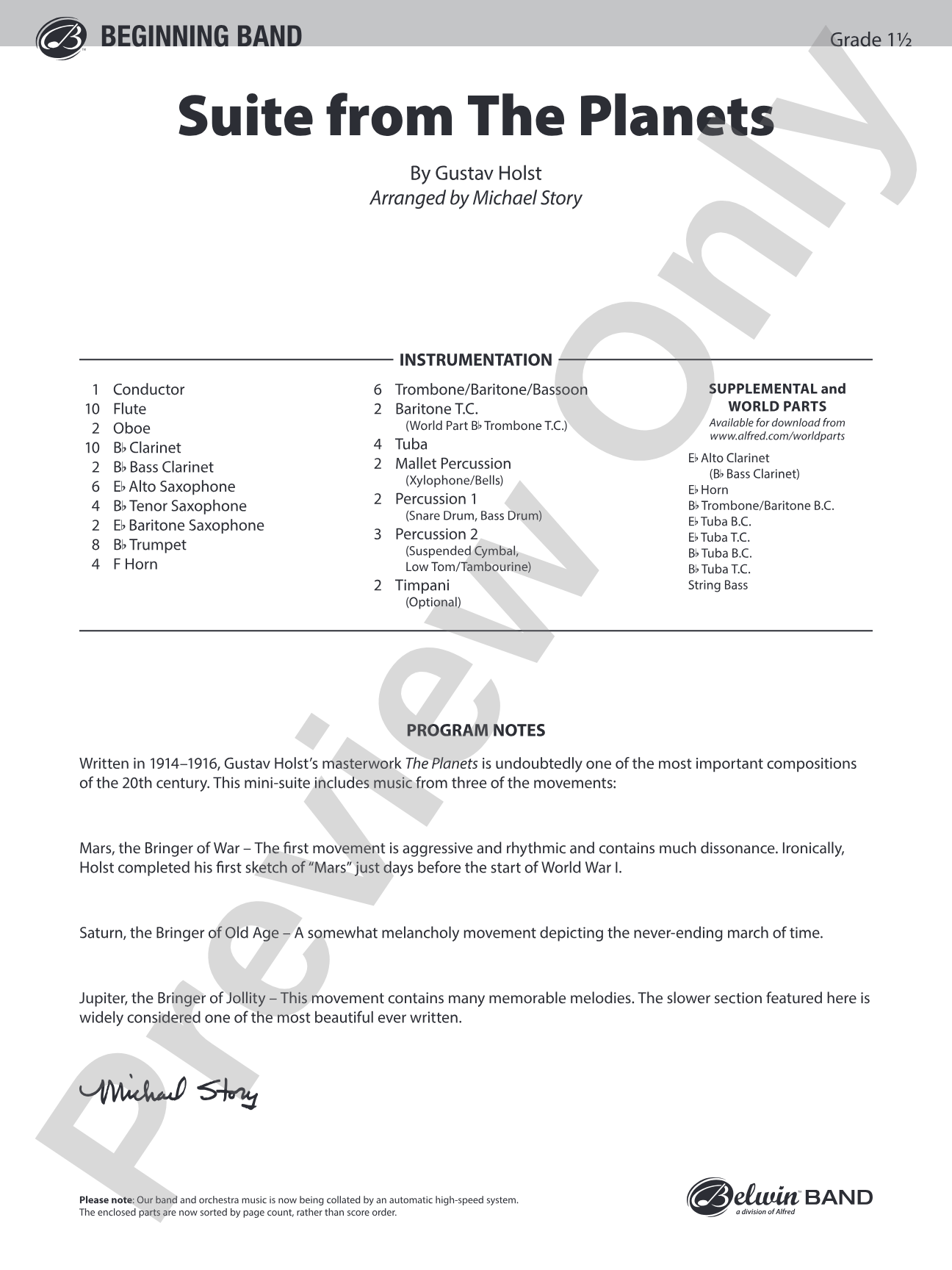 Suite from The Planets: Concert Band Conductor Score & Parts