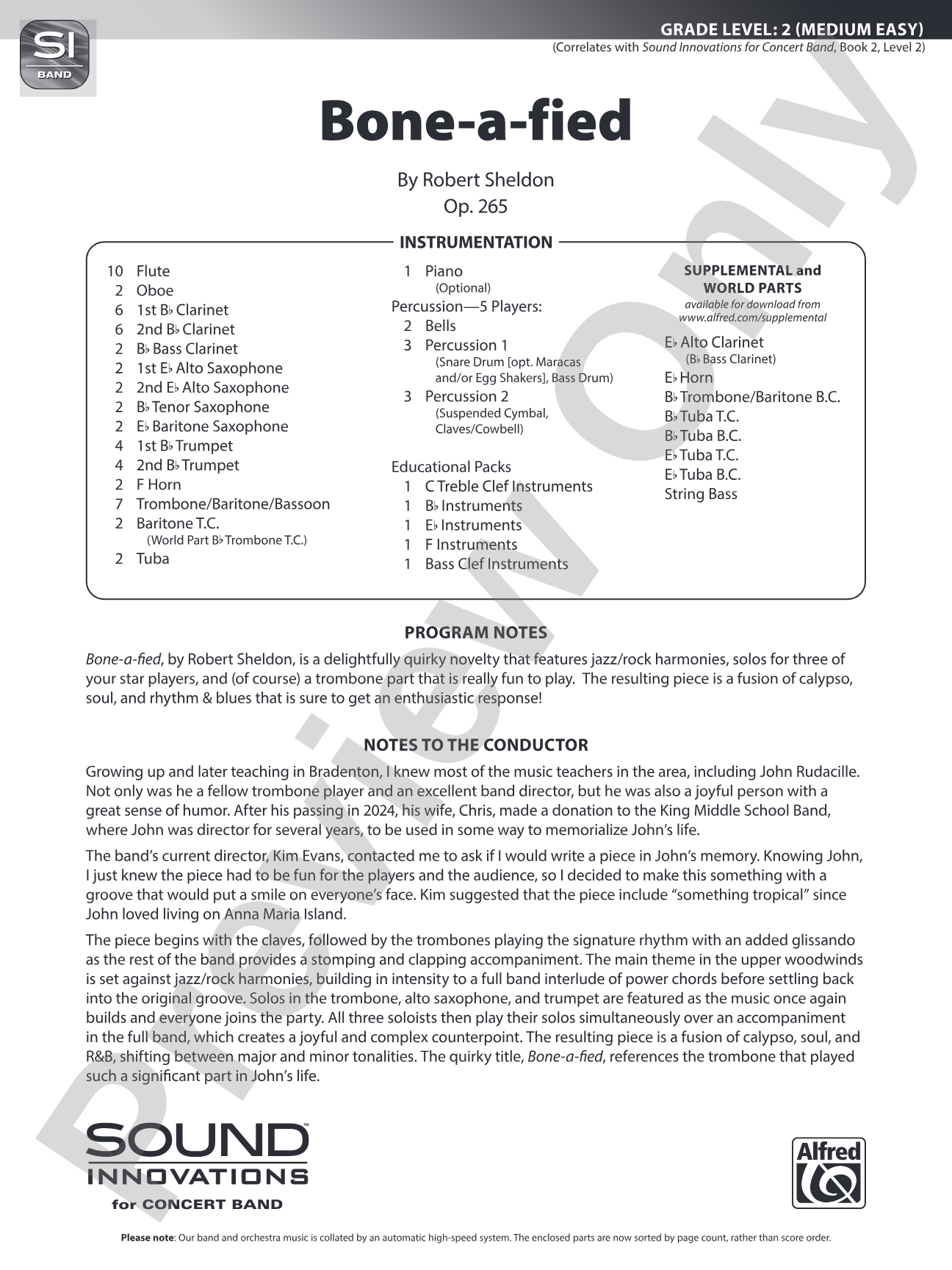 Bone-a-fied: Concert Band Conductor Score & Parts