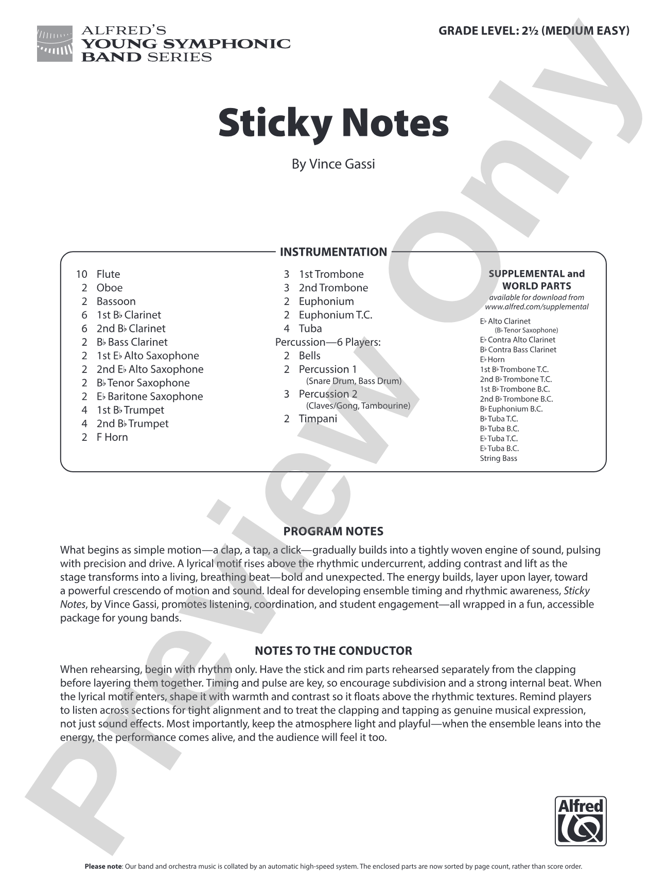 Sticky Notes: Concert Band Conductor Score & Parts