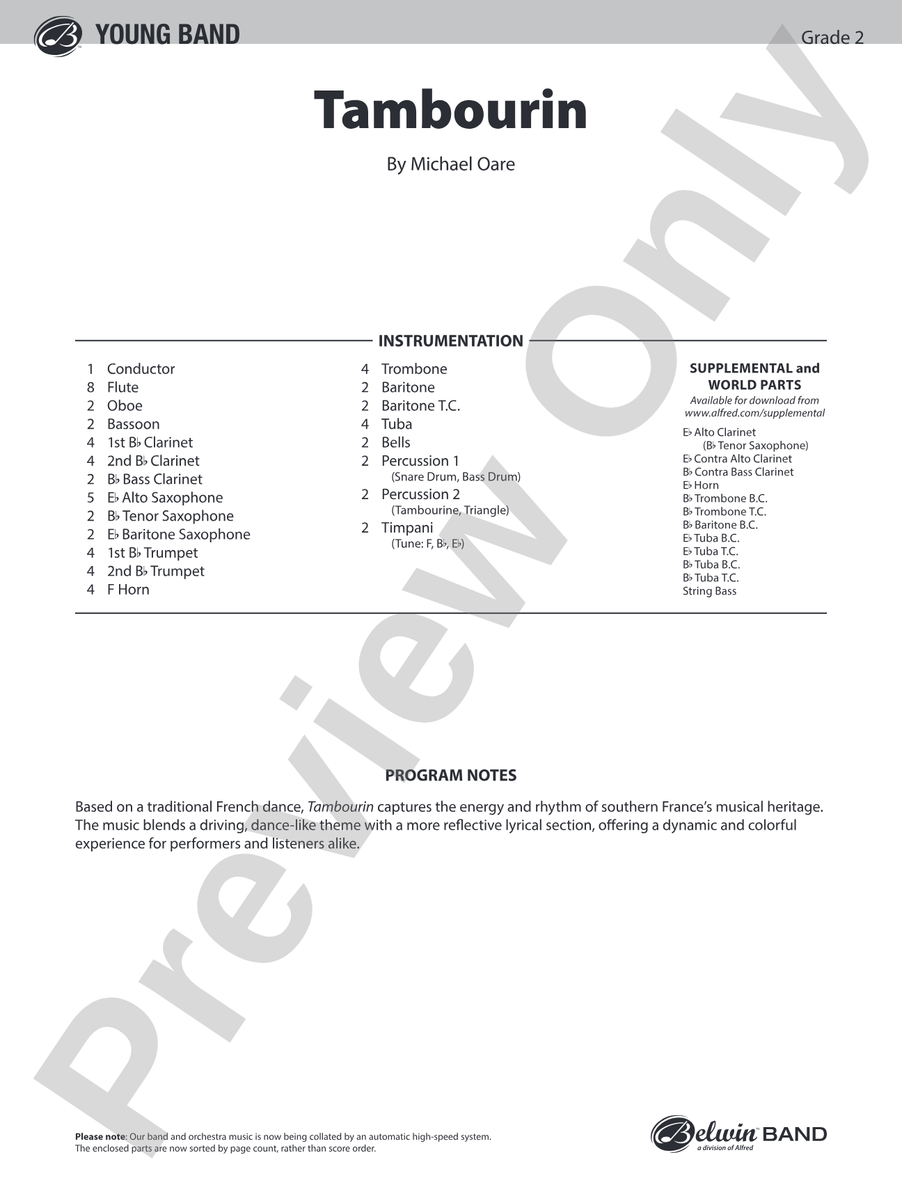 Tambourin: Concert Band Conductor Score & Parts