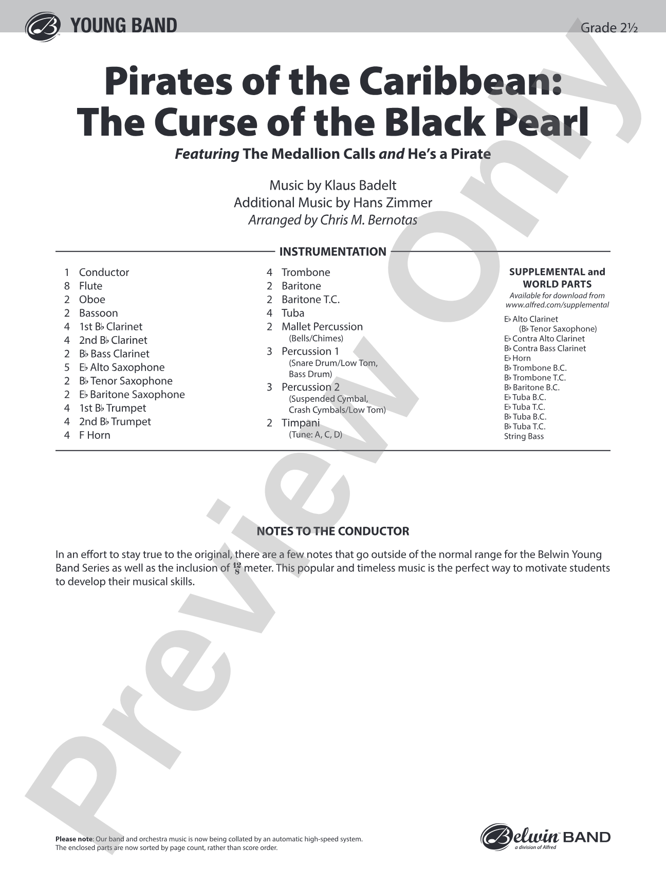The Pirates of the Caribbean: The Curse of the Black Pearl: Concert Band Conductor Score & Parts