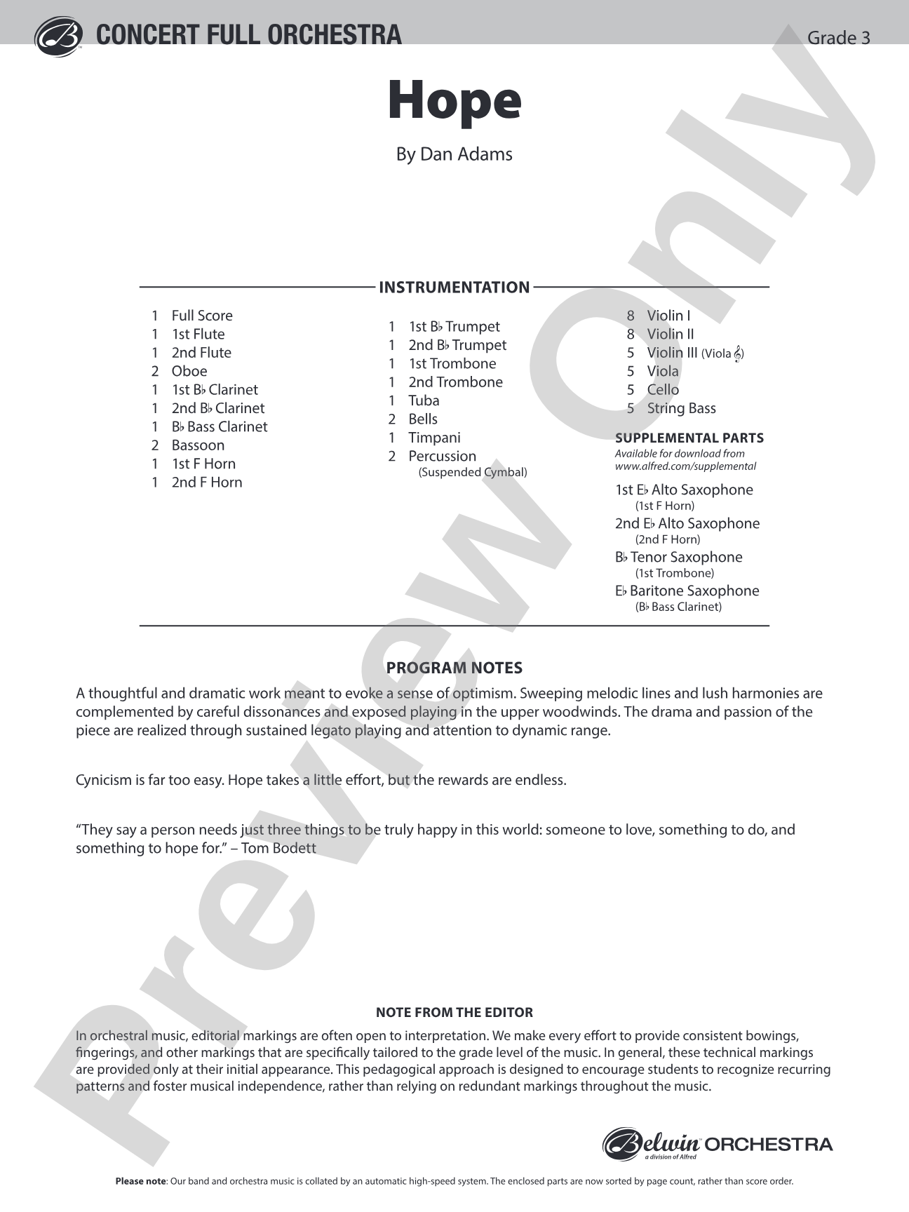Hope: Full Orchestra Conductor Score & Parts