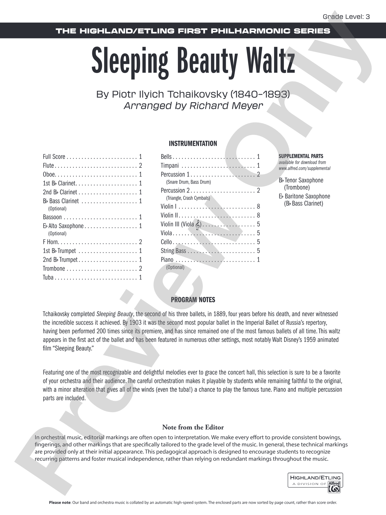 Sleeping Beauty Waltz: Full Orchestra Conductor Score & Parts