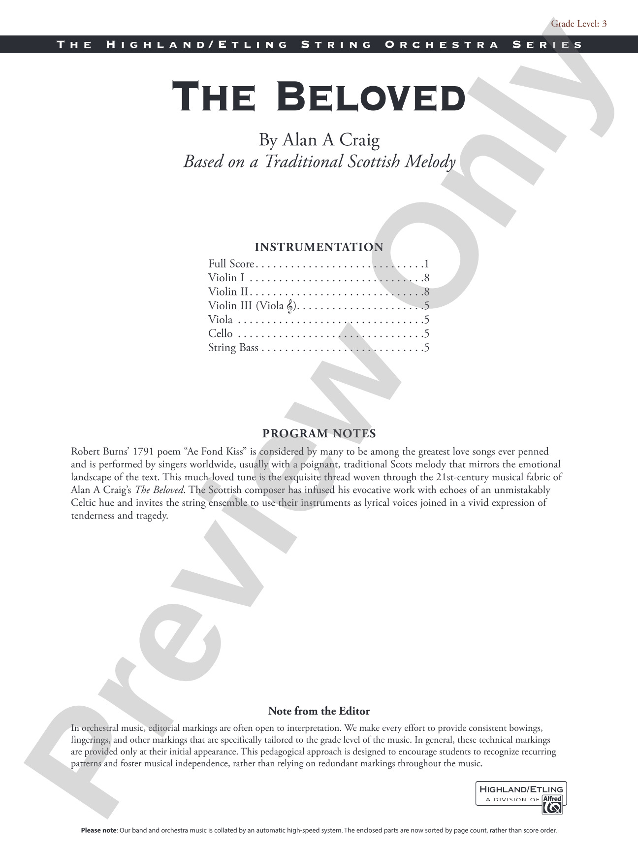 The Beloved: String Orchestra Conductor Score & Parts