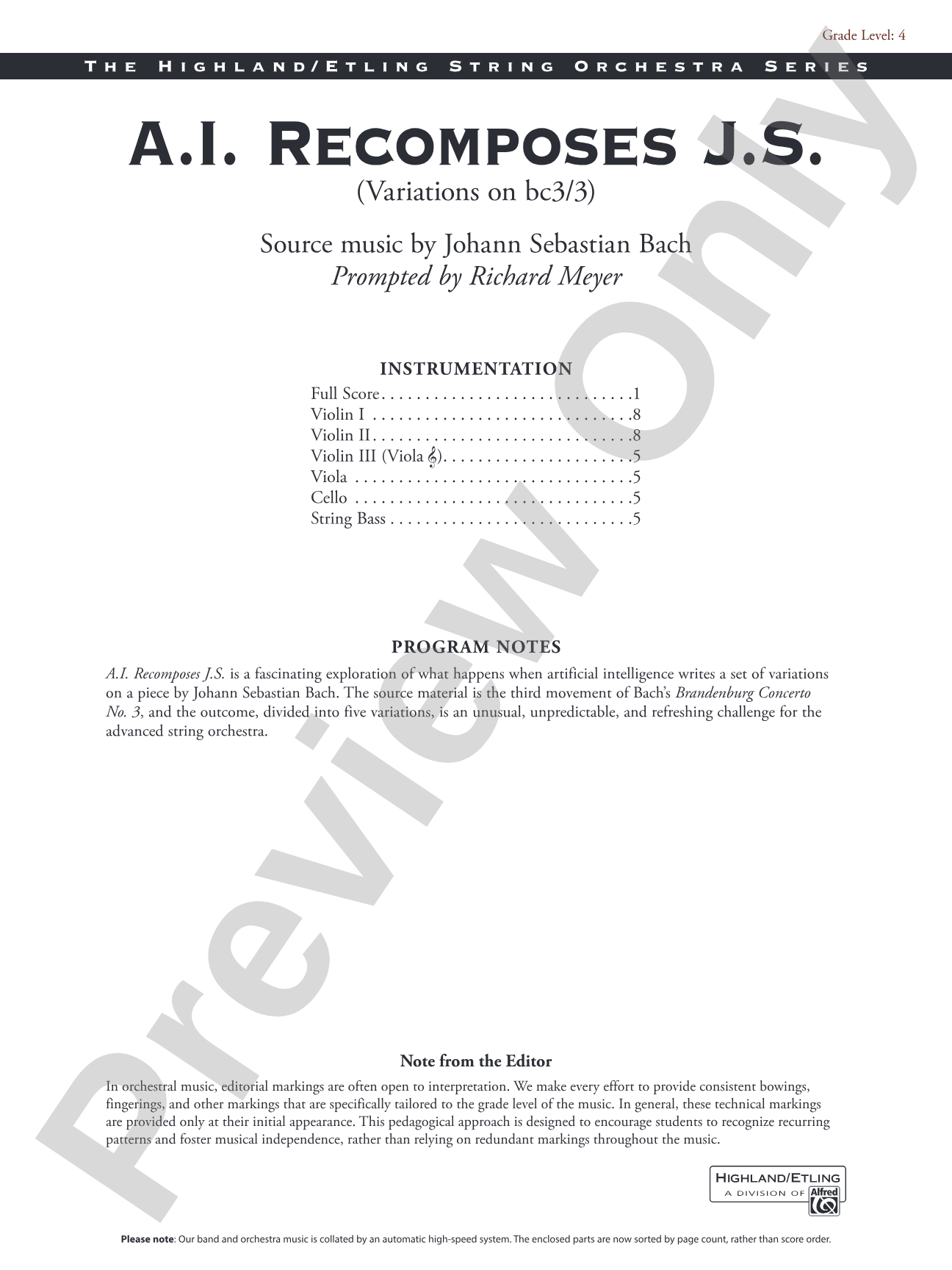 A.I. Recomposes J.S.: String Orchestra Conductor Score & Parts