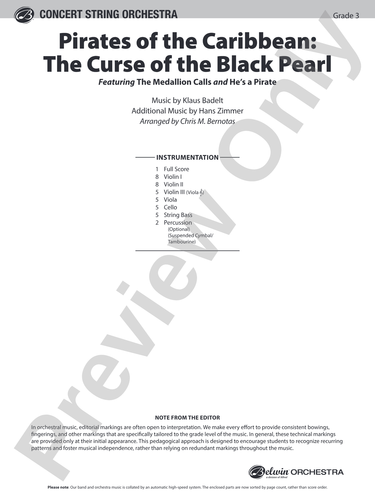 The Pirates of the Caribbean: The Curse of the Black Pearl: String Orchestra Conductor Score & Parts