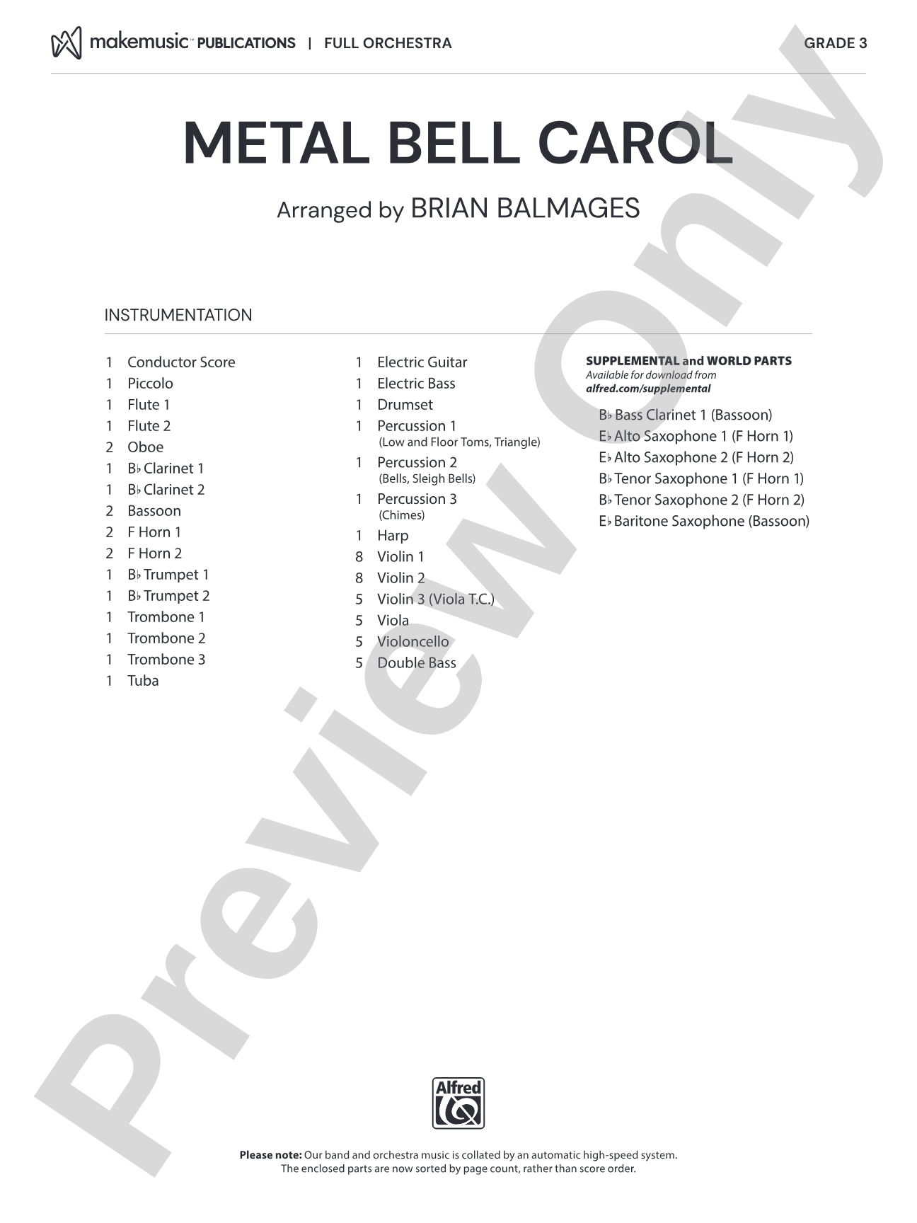 Metal Bell Carol: Full Orchestra Conductor Score & Parts