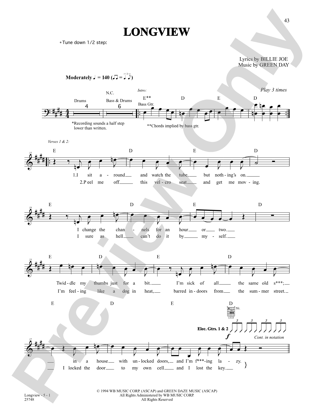 Longview (Live Version): Authentic Guitar TAB
