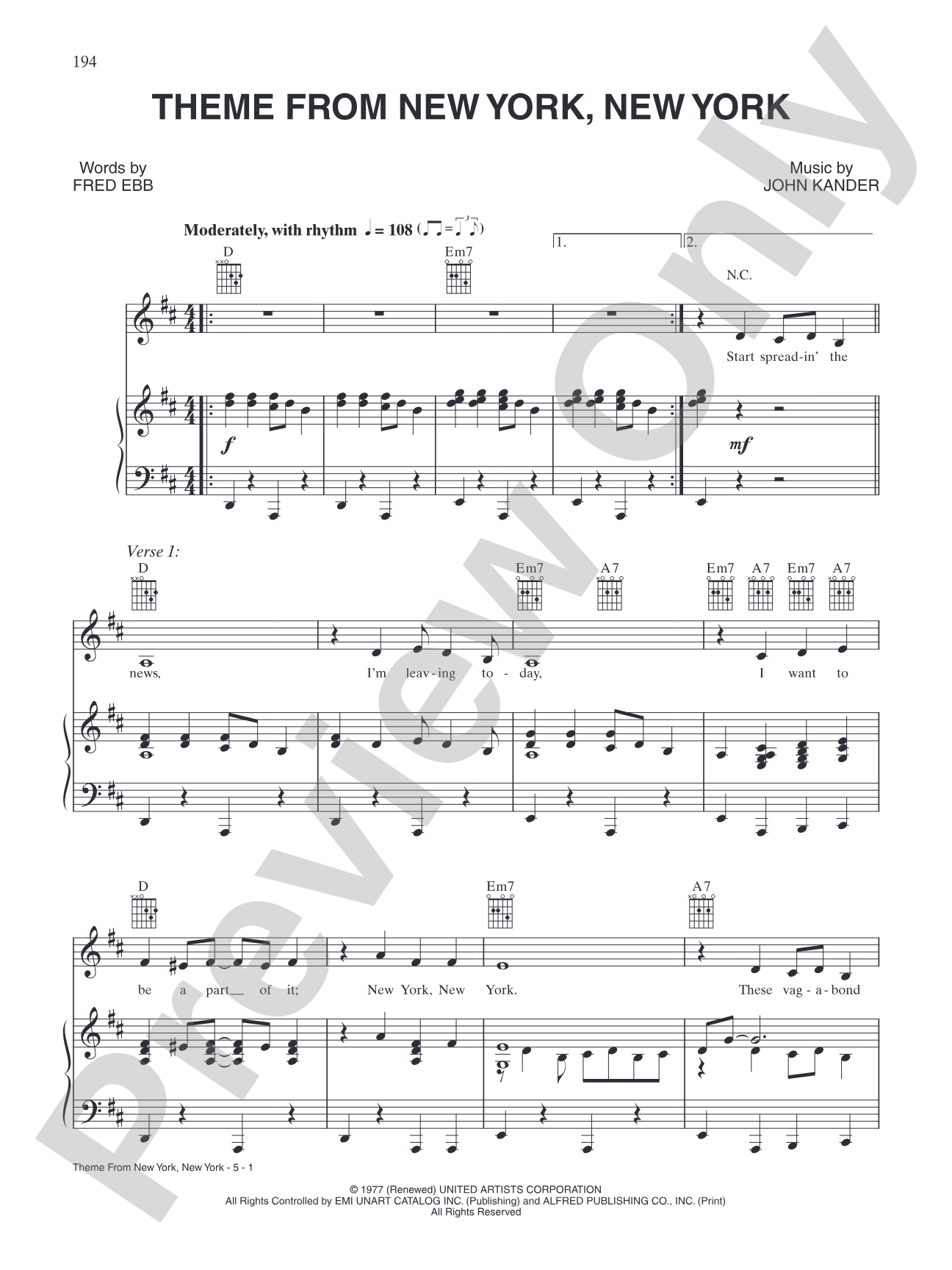 Theme from New York, New York: Piano/Vocal/Chords