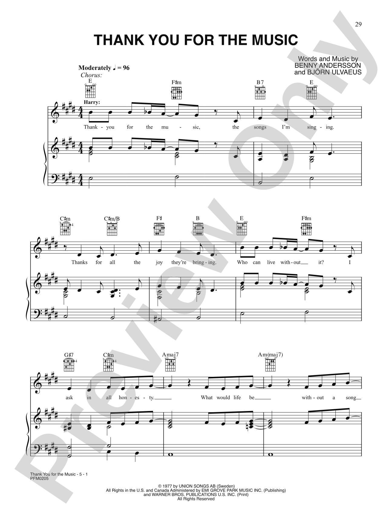 Thank You for the Music: Piano/Vocal/Chords | Benny Andersson