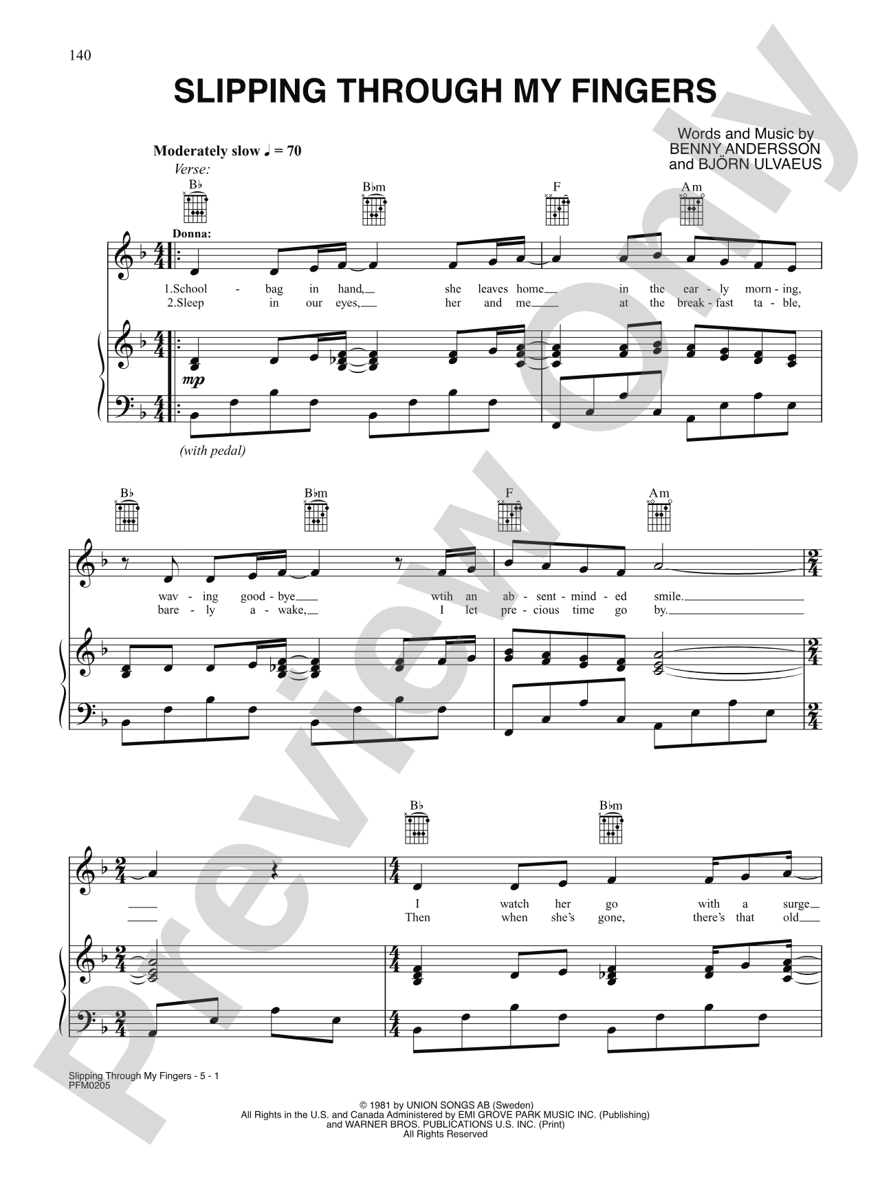 Slipping Through My Fingers: Piano/Vocal/Chords
