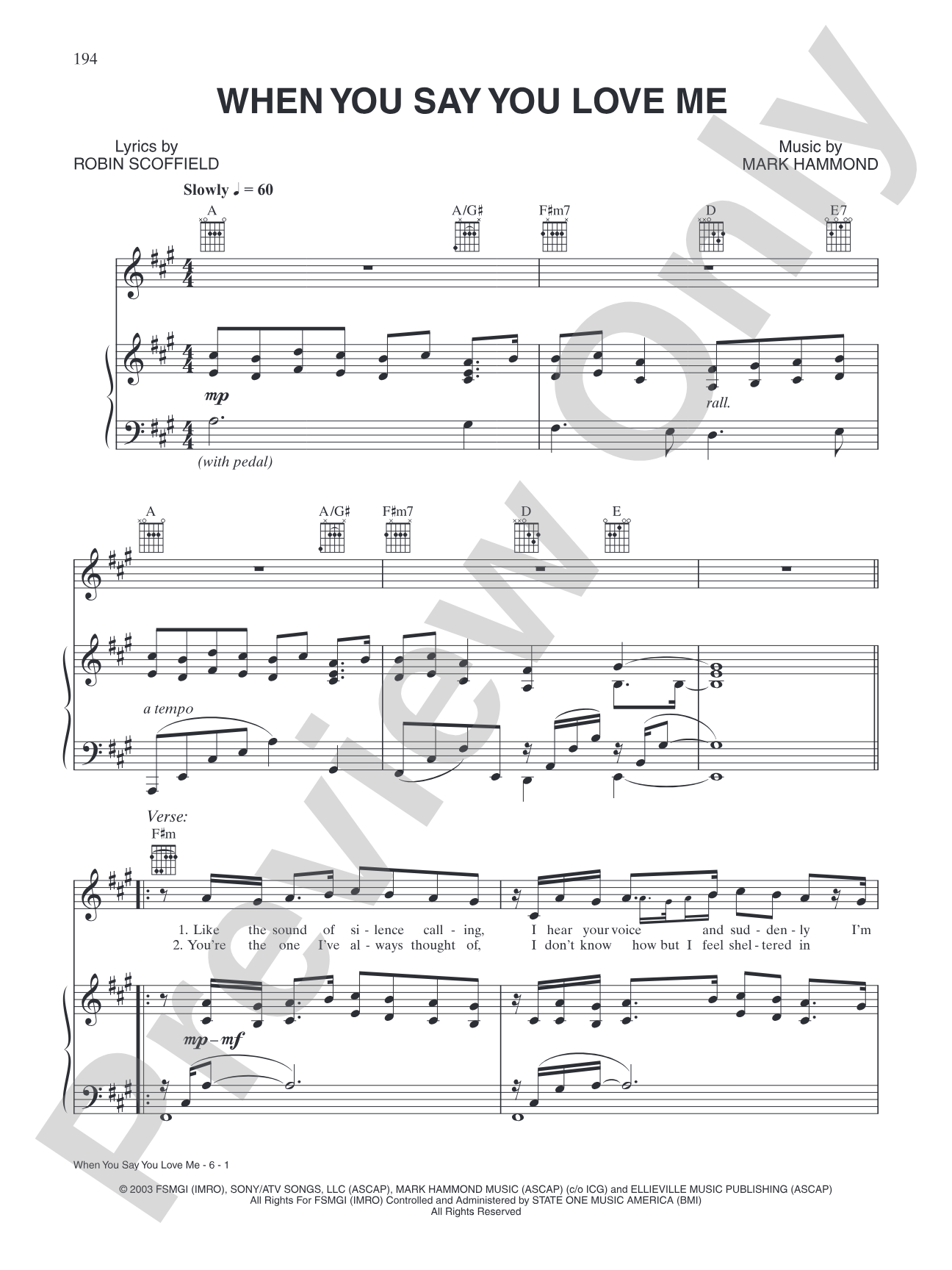 When You Say You Love Me: Piano/Vocal/Chords