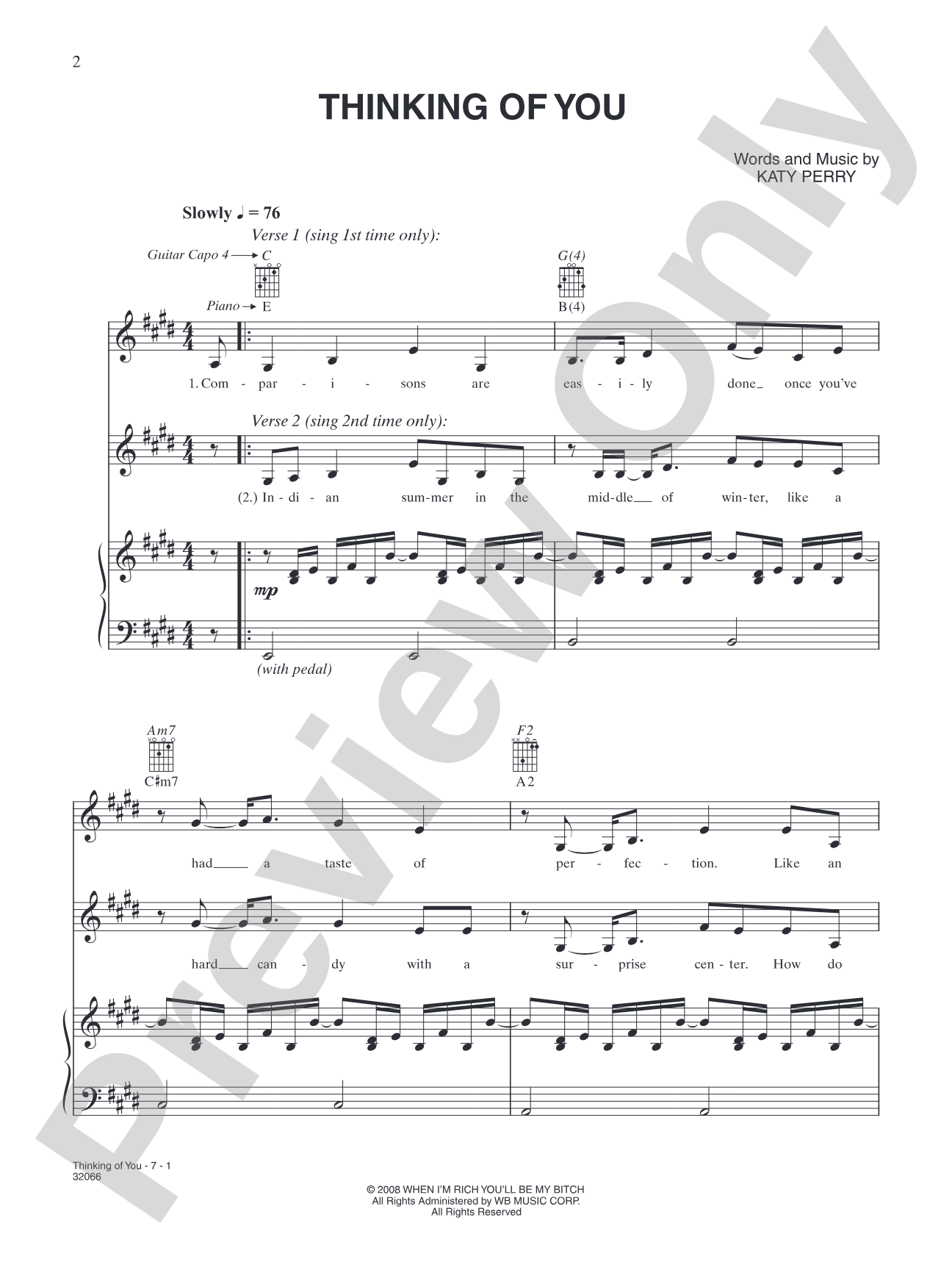 Thinking of You: Piano/Vocal/Chords
