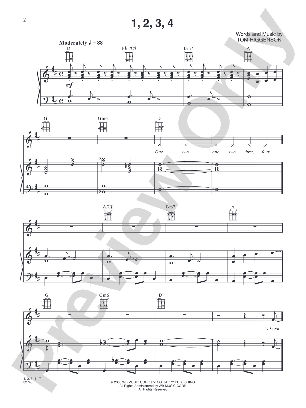 1, 2, 3, 4: Piano/Vocal/Chords
