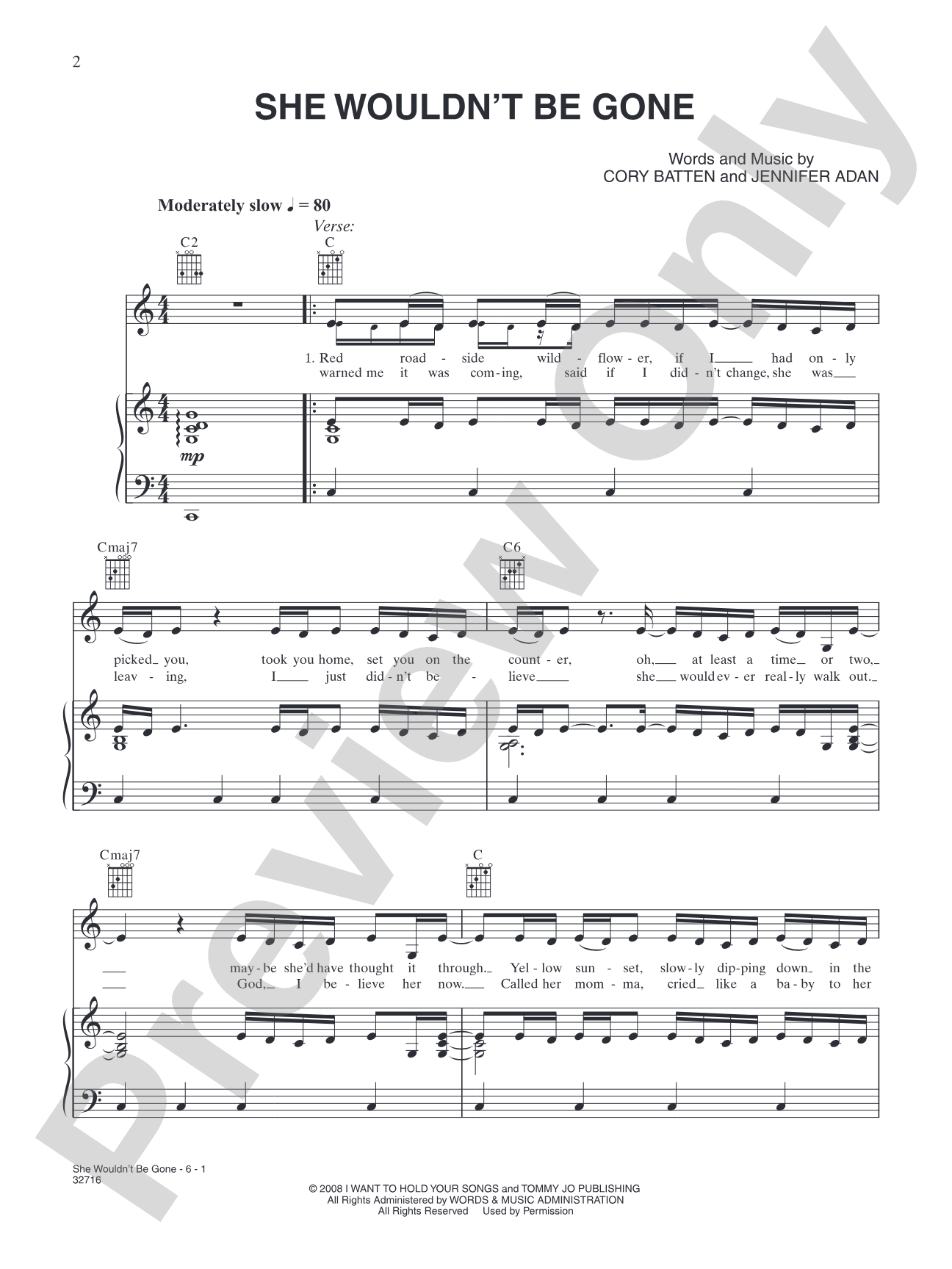 She Wouldn't Be Gone: Piano/Vocal/Chords