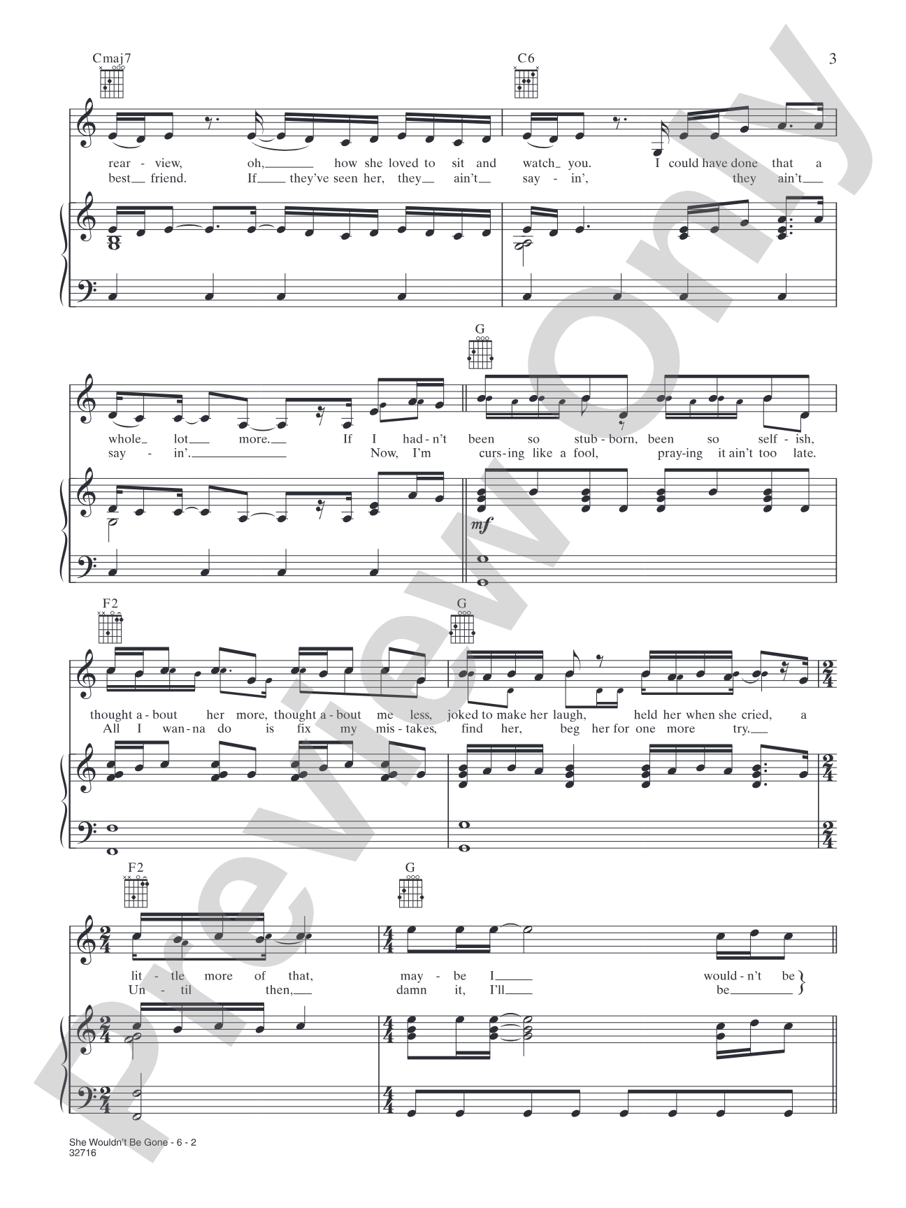 She Wouldn't Be Gone: Piano/Vocal/Chords