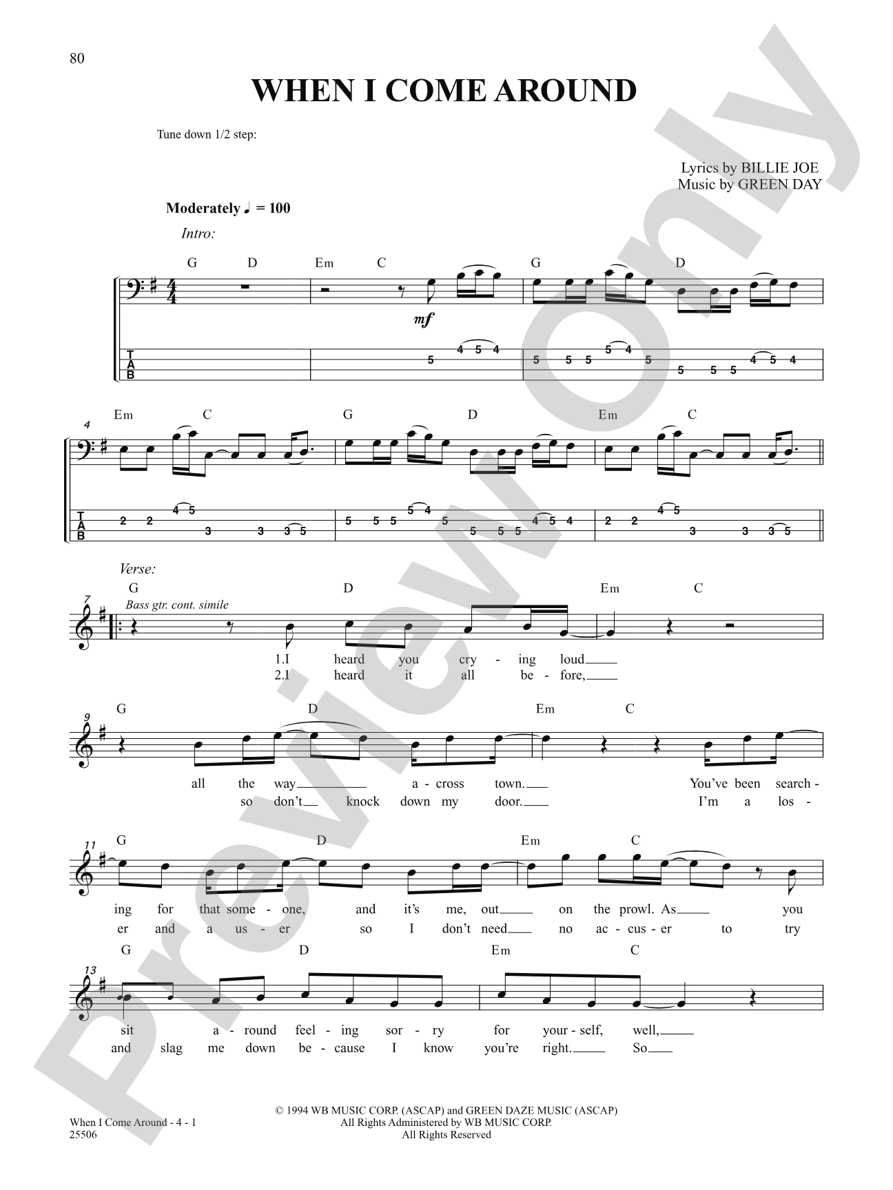 When I Come Around: Bass TAB