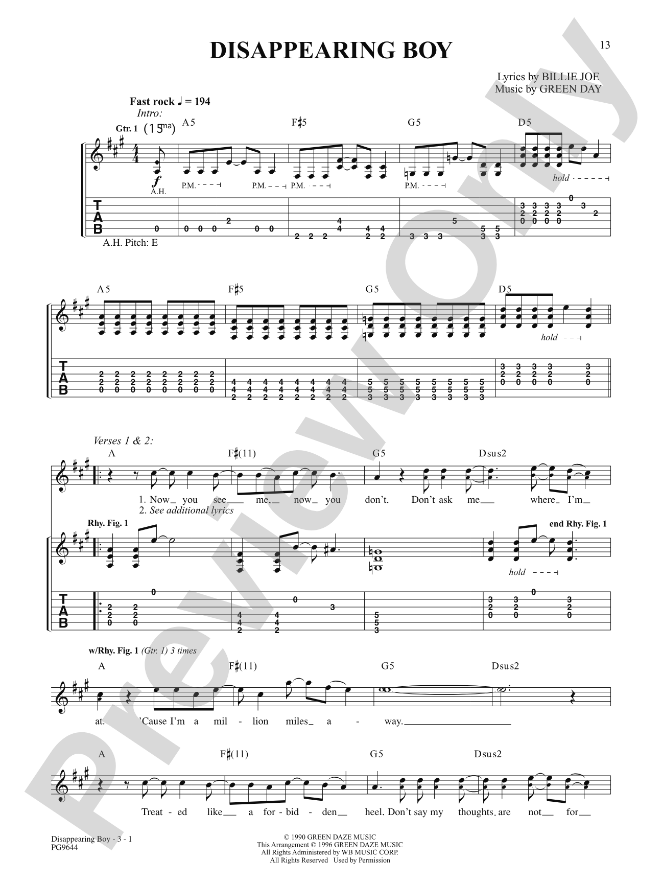 Disappearing Boy: Authentic Guitar TAB
