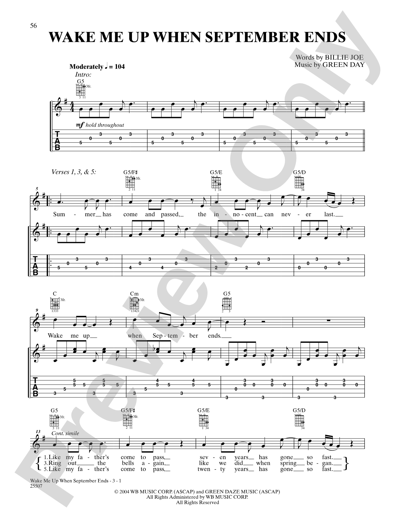 Wake Me Up When September Ends: Easy Guitar