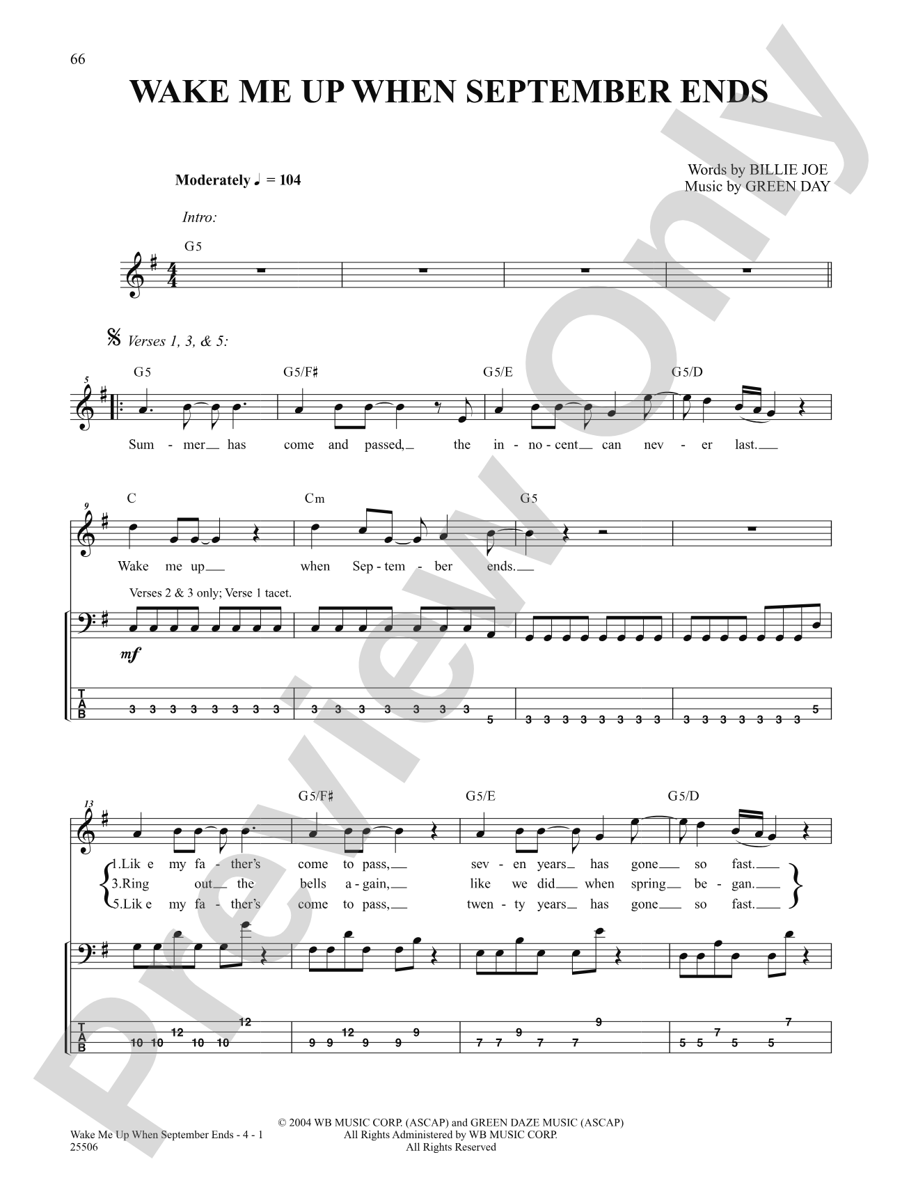 Wake Me Up When September Ends: Bass TAB