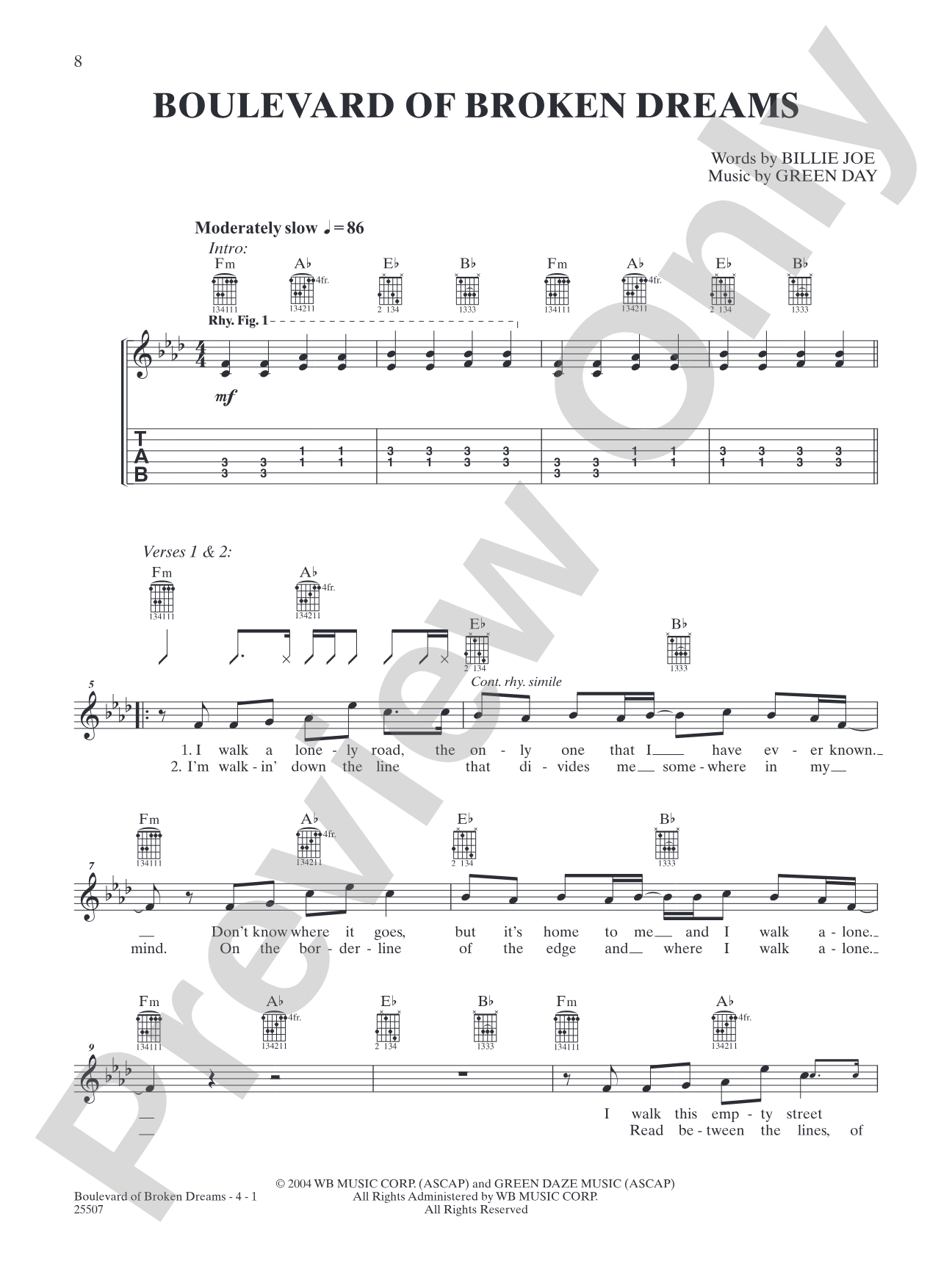 Boulevard of Broken Dreams: Easy Guitar