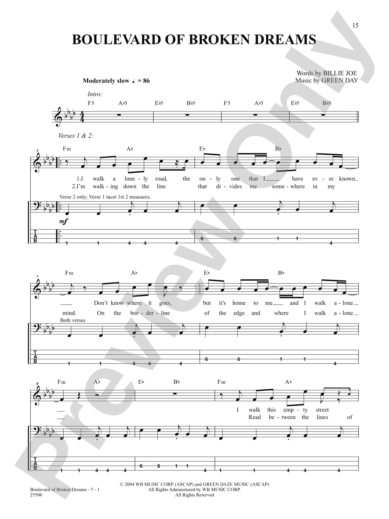 Boulevard of Broken Dreams: Bass TAB