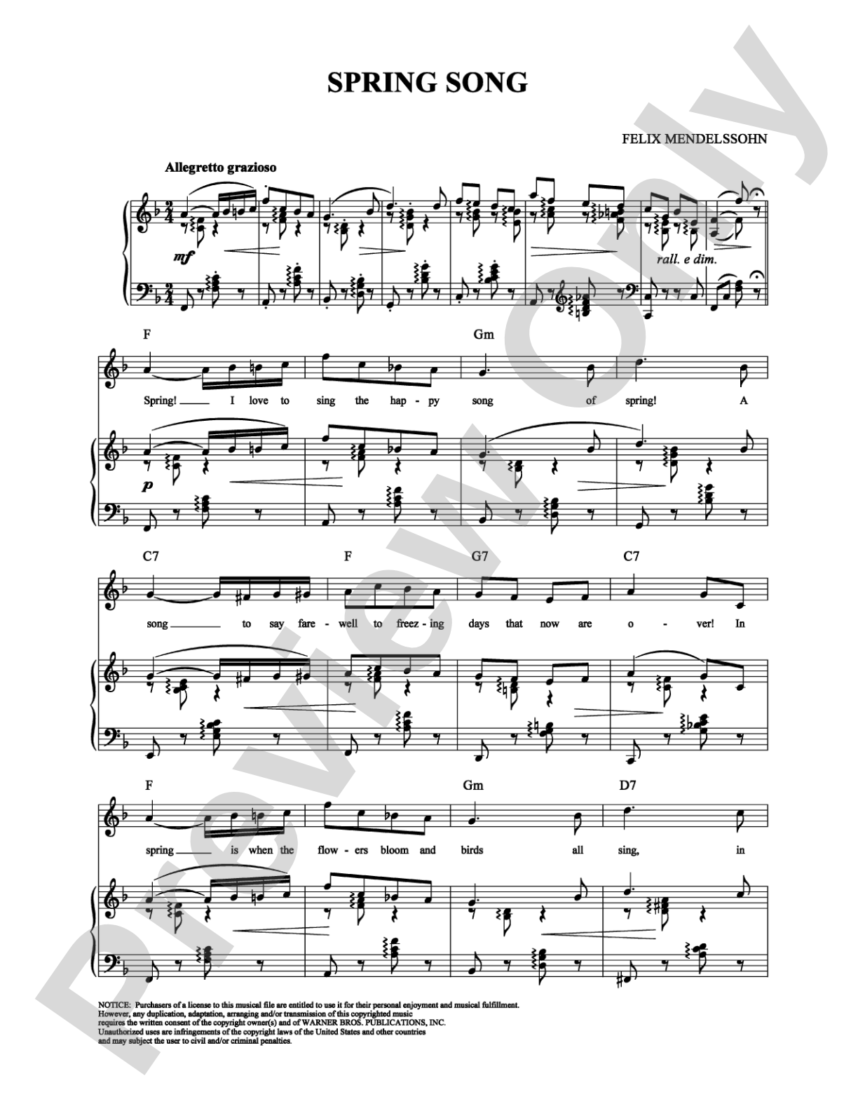 Spring Song: Piano/Vocal/Chords Digital Sheet Music