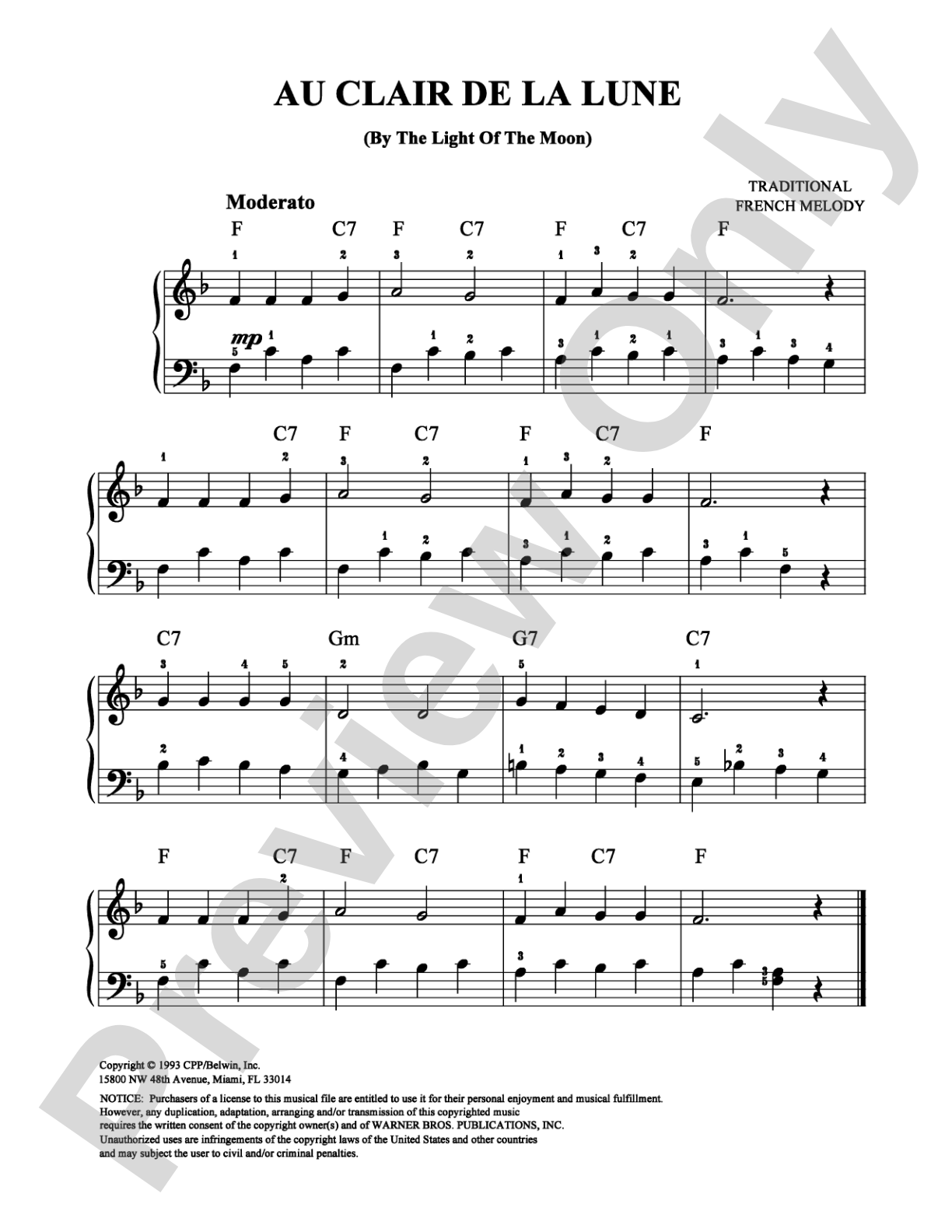 Au Clair de la Lune: Easy Piano Digital Sheet Music