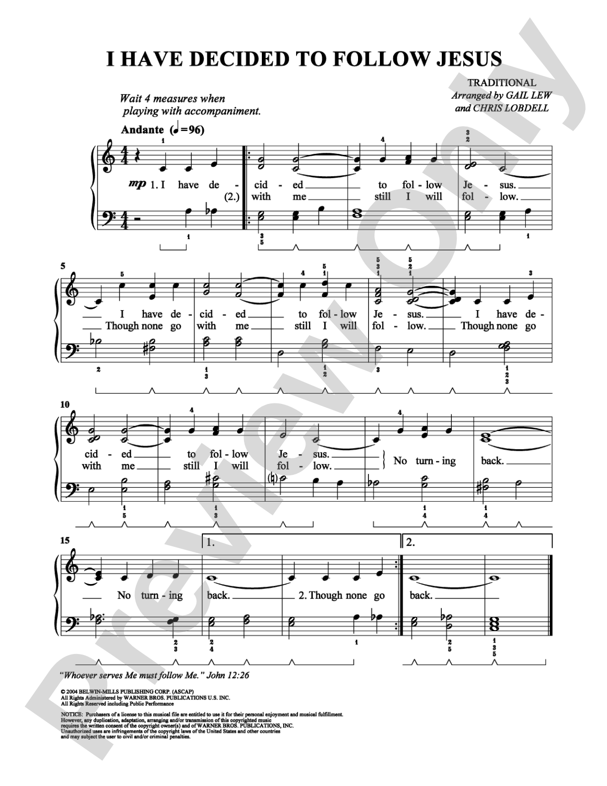 I Have Decided To Follow Jesus: Easy Piano Digital Sheet Music