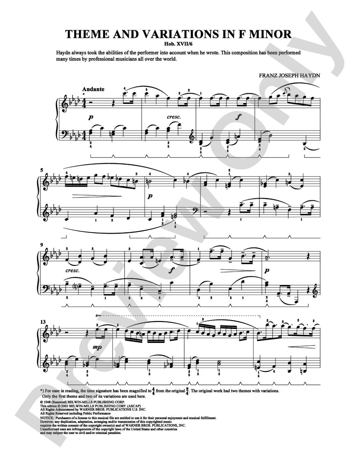 Theme and Variations in F Minor: Piano Digital Sheet Music