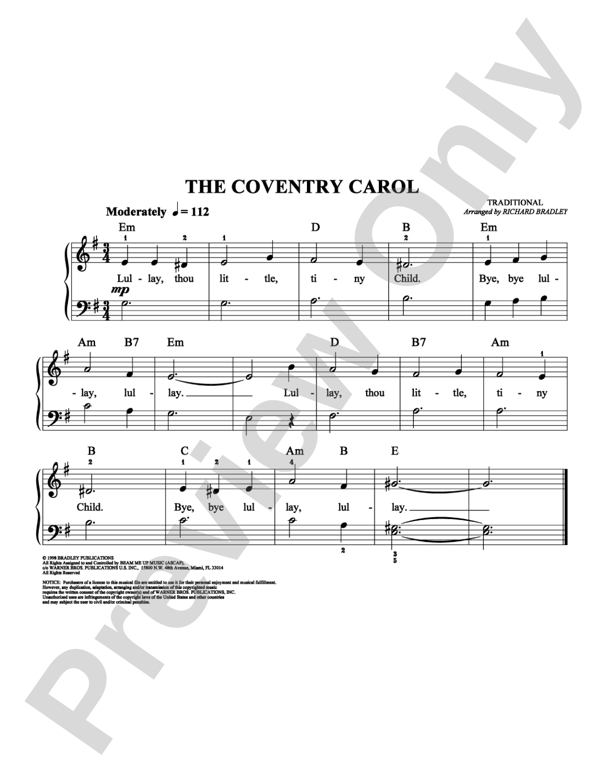 The Coventry Carol: Easy Piano Digital Sheet Music