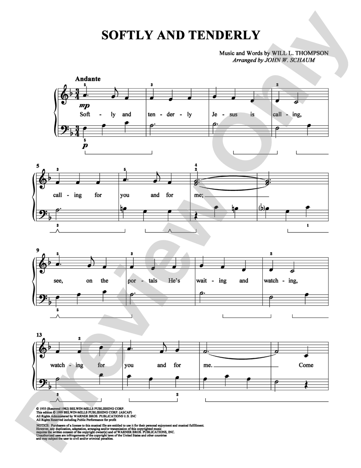 Softly and Tenderly: Easy Piano Digital Sheet Music