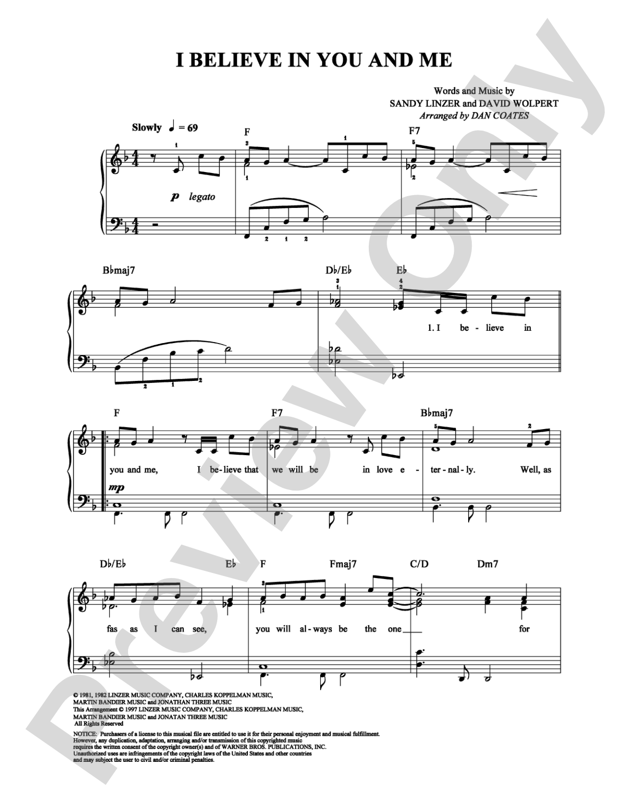 I Believe in You and Me: Easy Piano Digital Sheet Music