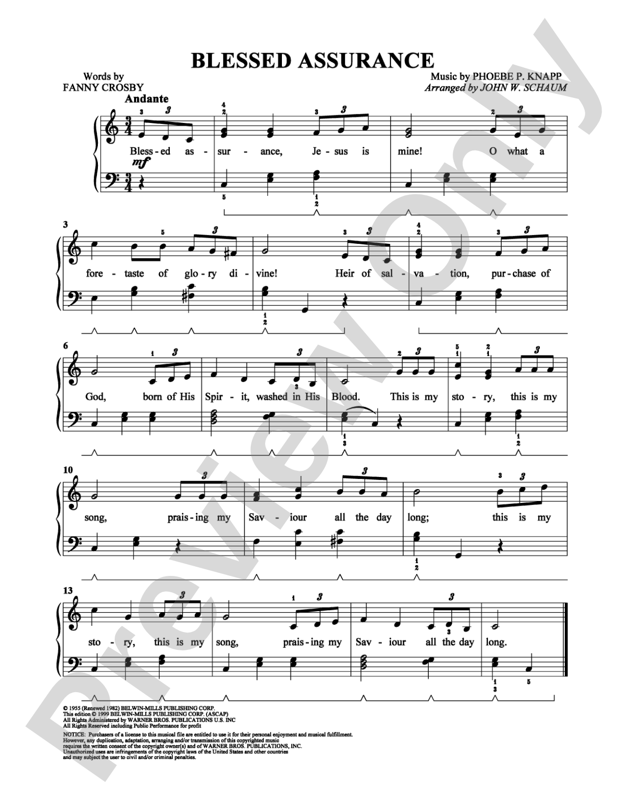 Blessed Assurance: Easy Piano Digital Sheet Music
